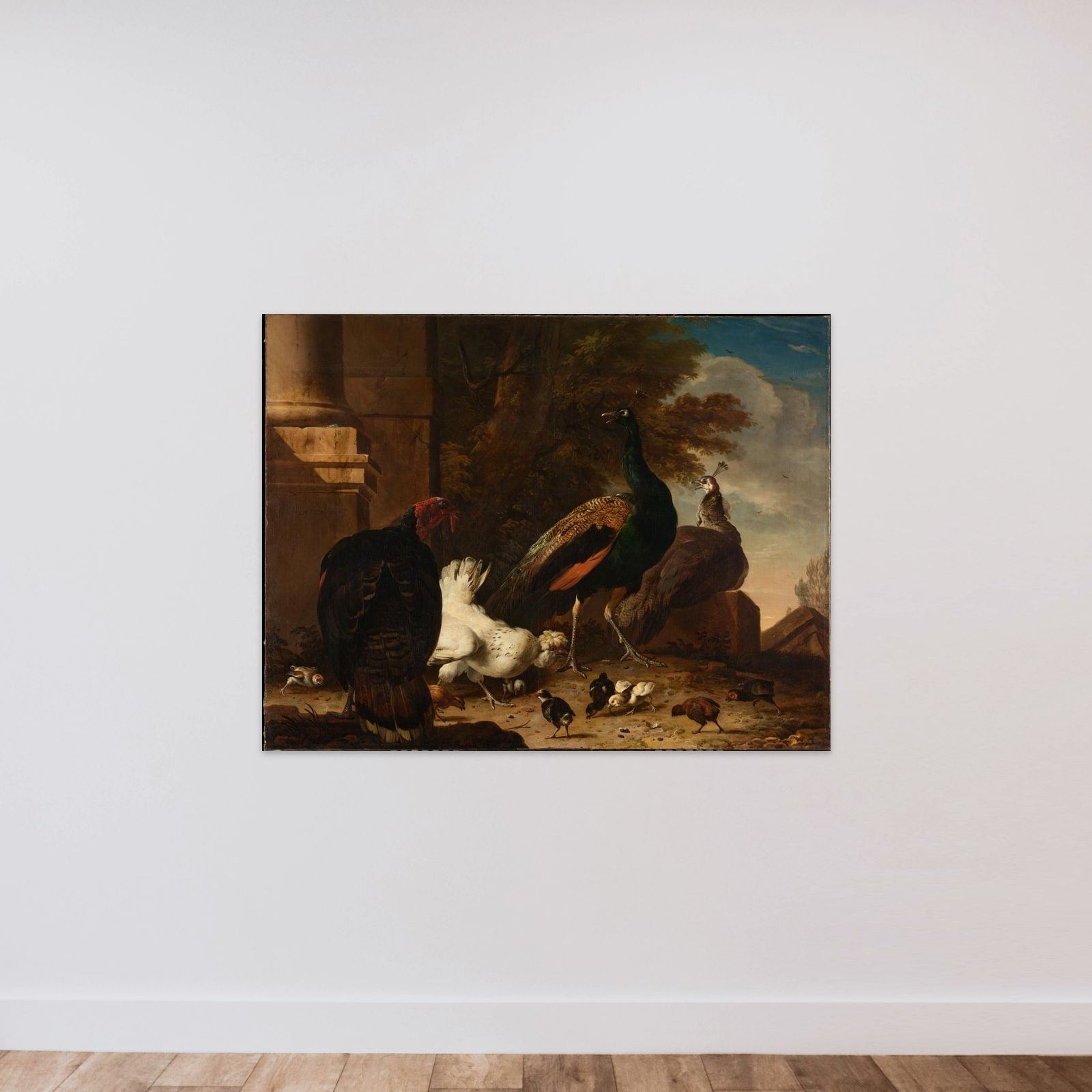 A Hen with Peacocks and a Turkey unframed — shown to scale