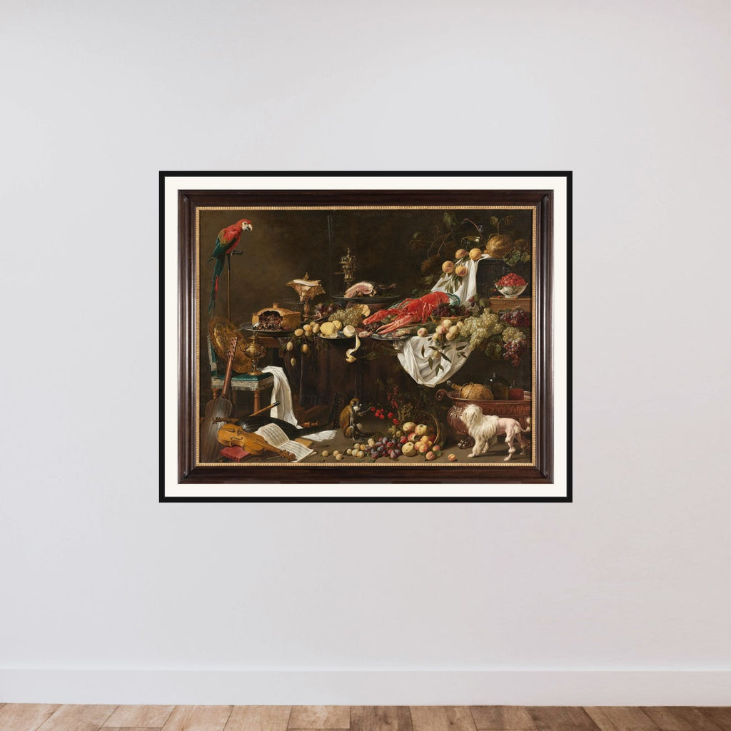 Pronk Still Life with a Parrot, Dog and Monkey framed — shown to scale