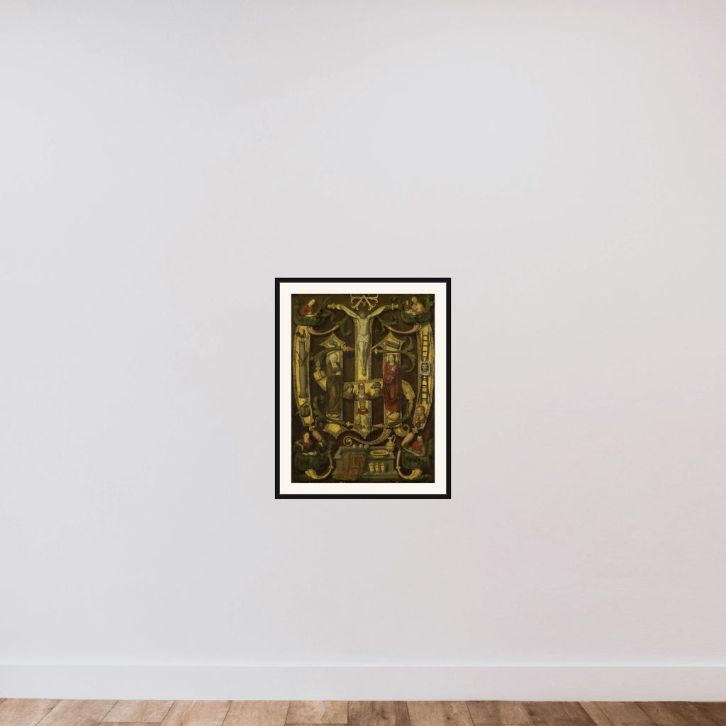 Monogram of Christ combined with Instruments of the Passion framed — shown to scale