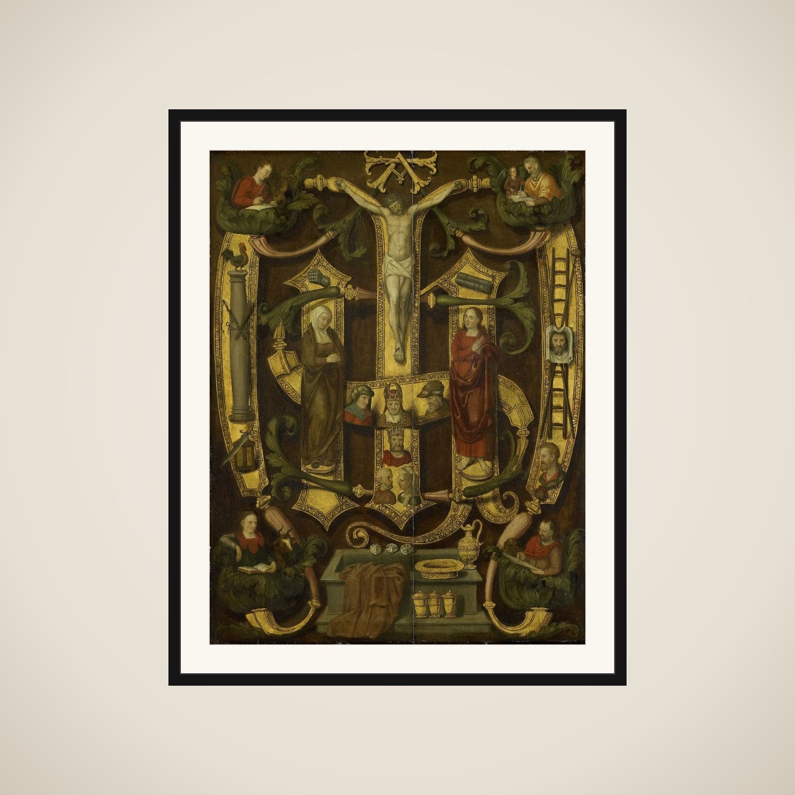 Monogram of Christ combined with Instruments of the Passion framed