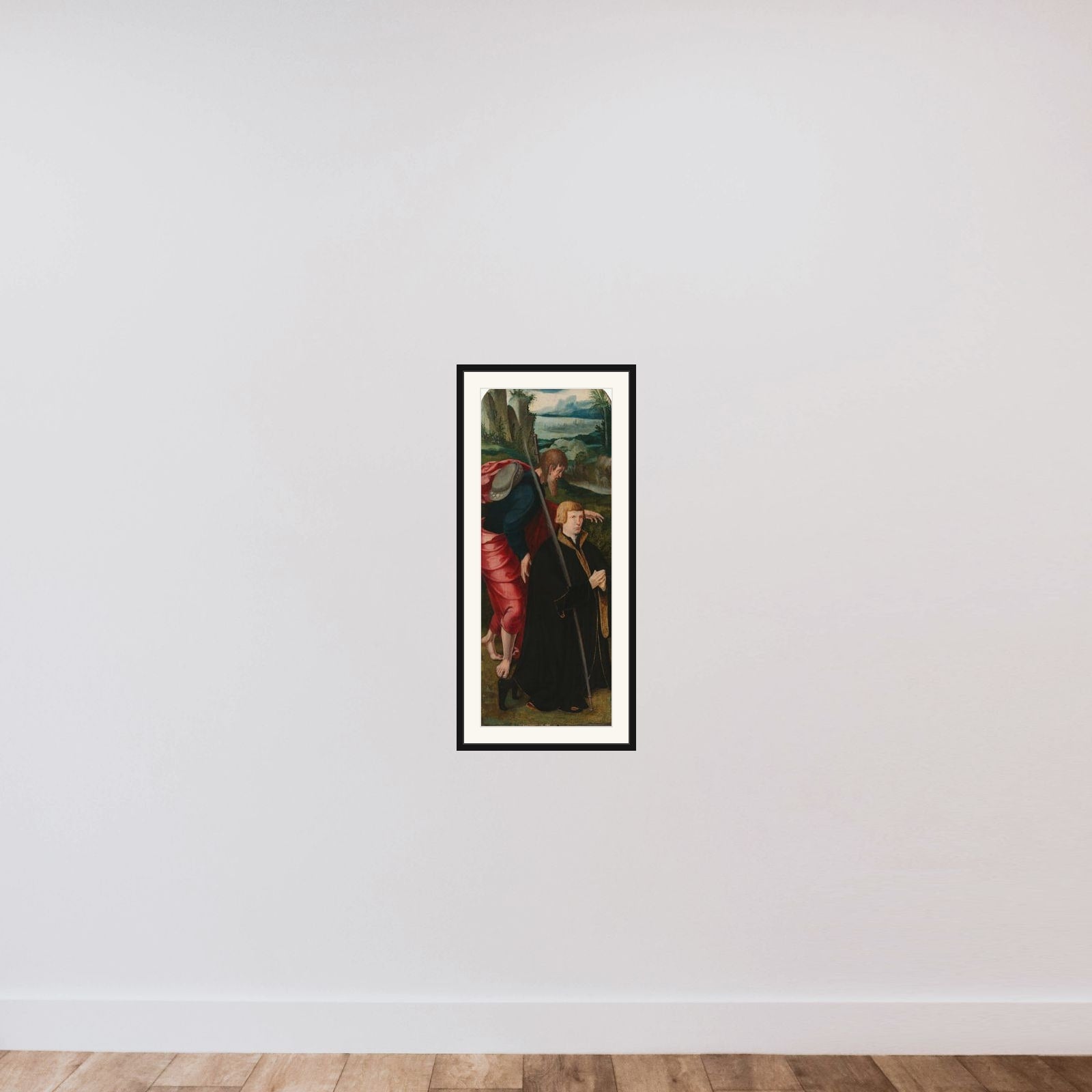 Inner Left Wing of a Triptych with the Male Donor and St James the Greater framed — shown to scale