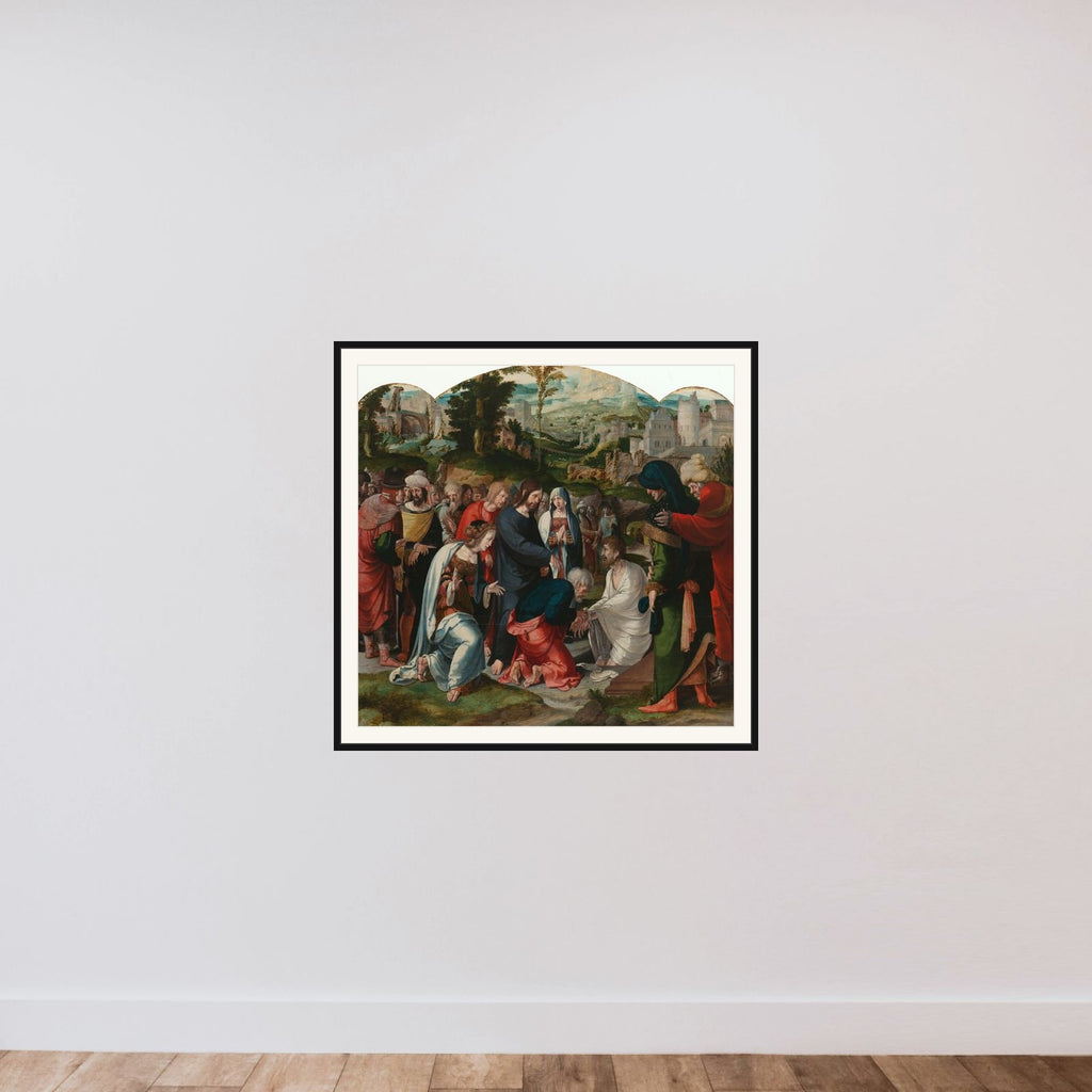 Centre Panel of a Triptych with the Raising of Lazarus framed — shown to scale