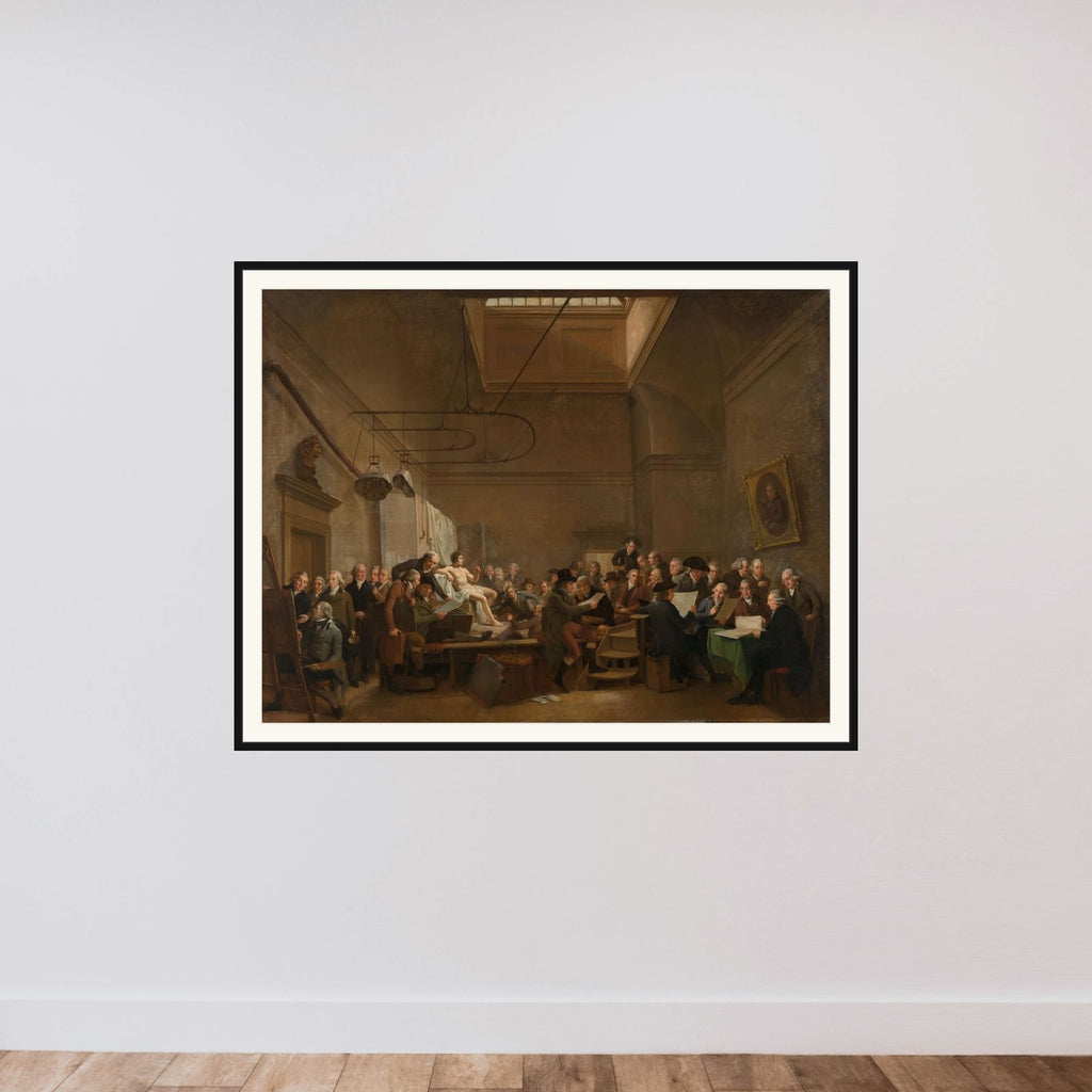 The Drawing Room of the Felix Meritis Society in Amsterdam with Portraits of Artists, Collectors of Paintings and Drawings, and some Art Dealers framed — shown to scale