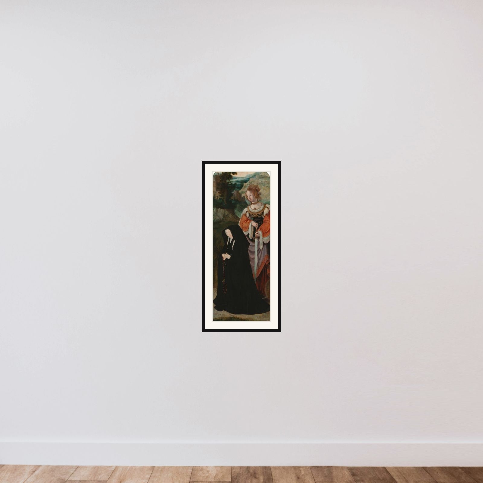 Inner Right Wing of a Triptych with the Female Donor and St Catherine framed — shown to scale