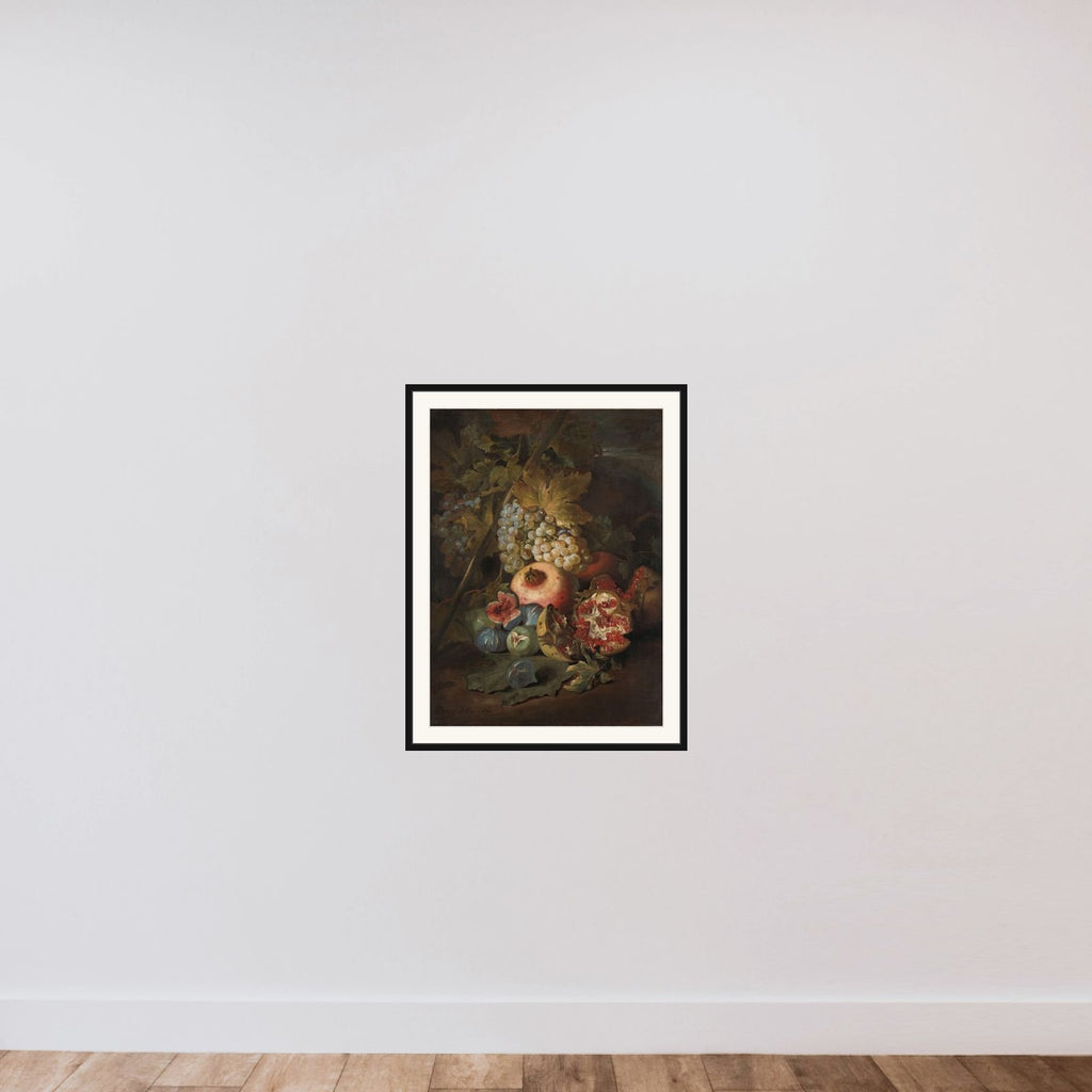 Bunches of Grapes, Pomegranates and Figs in a Landscape framed — shown to scale