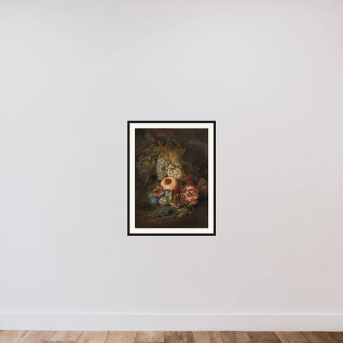 Bunches of Grapes, Pomegranates and Figs in a Landscape framed — shown to scale