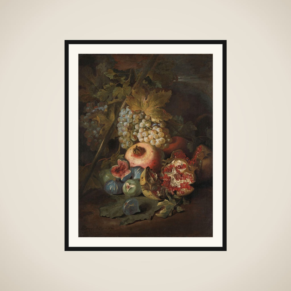 Bunches of Grapes, Pomegranates and Figs in a Landscape framed
