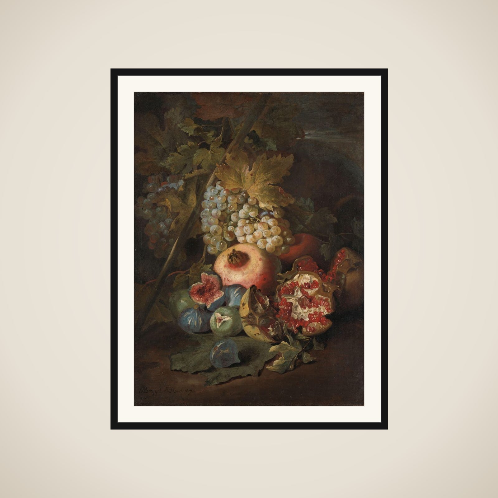 Bunches of Grapes, Pomegranates and Figs in a Landscape framed