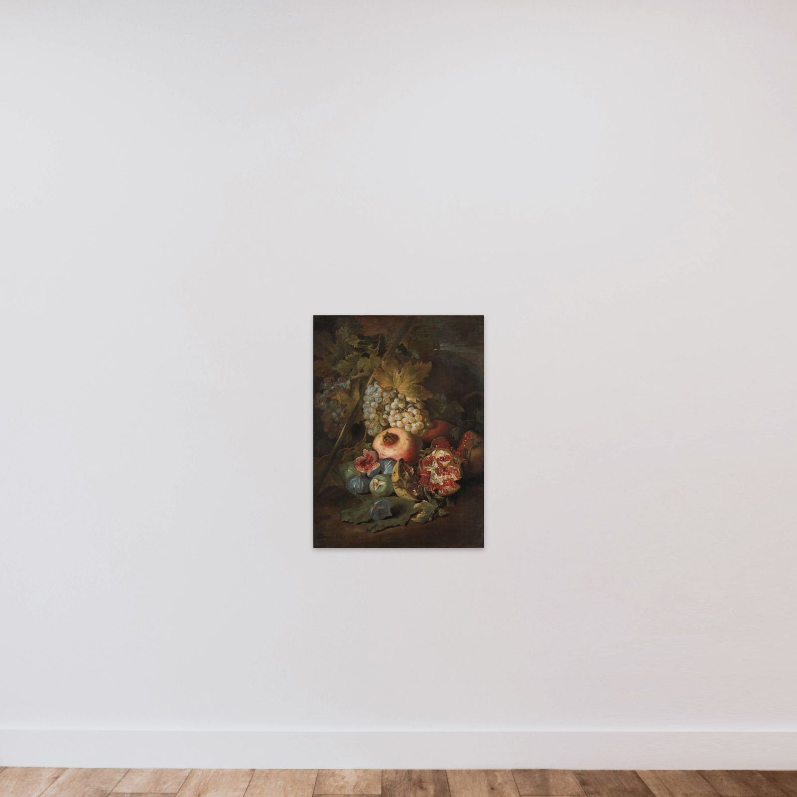 Bunches of Grapes, Pomegranates and Figs in a Landscape unframed — shown to scale