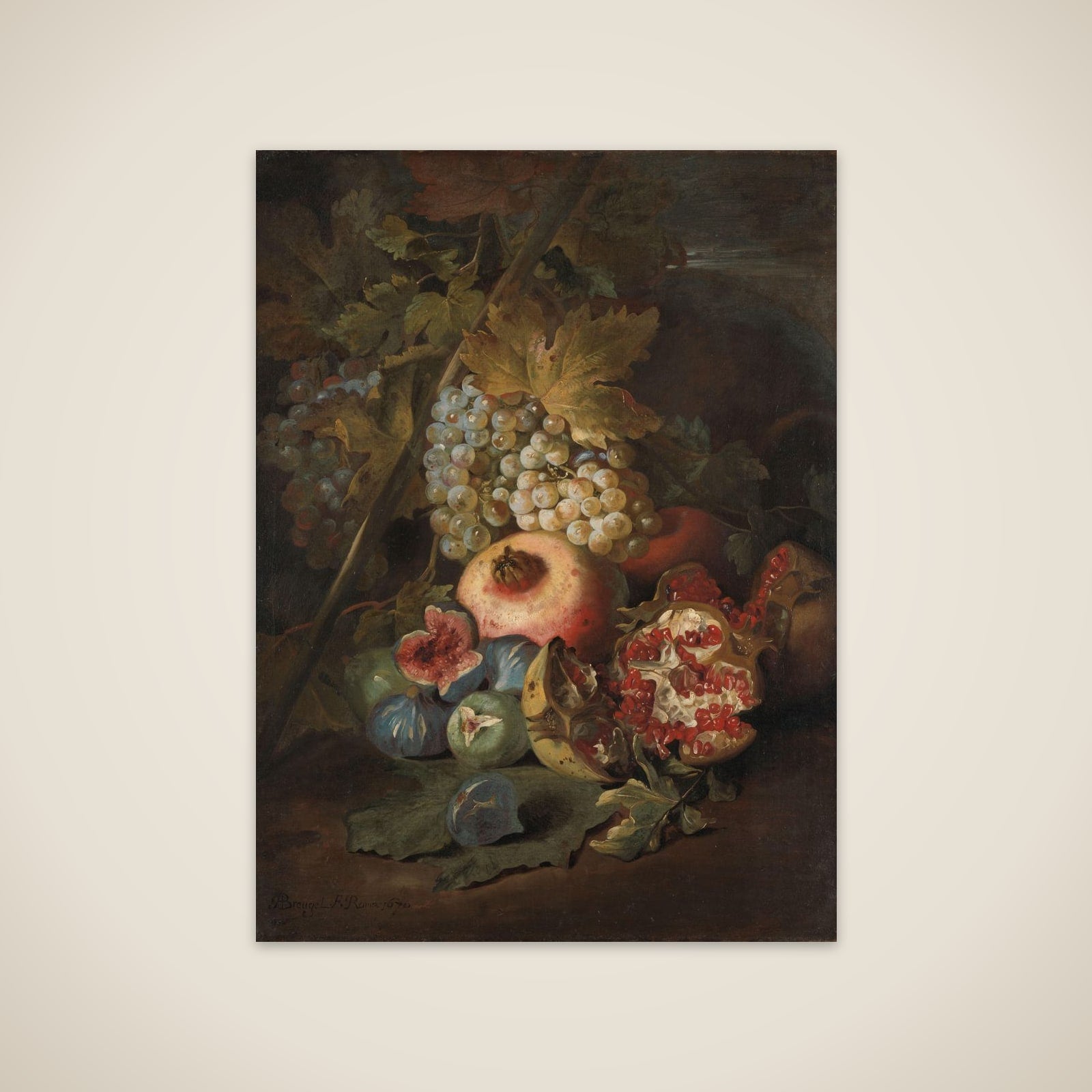 Bunches of Grapes, Pomegranates and Figs in a Landscape unframed print