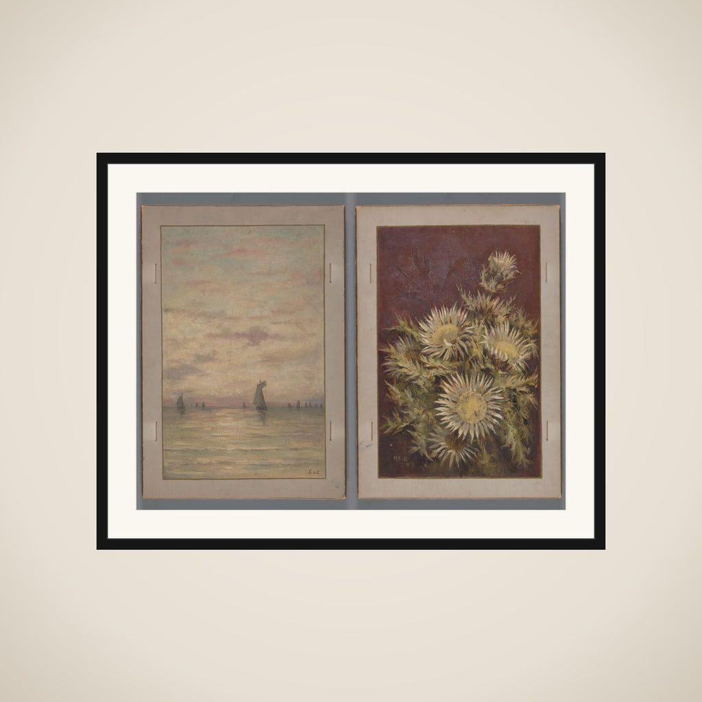 View of water with zeilschepen en stilleven with zilverdistel framed
