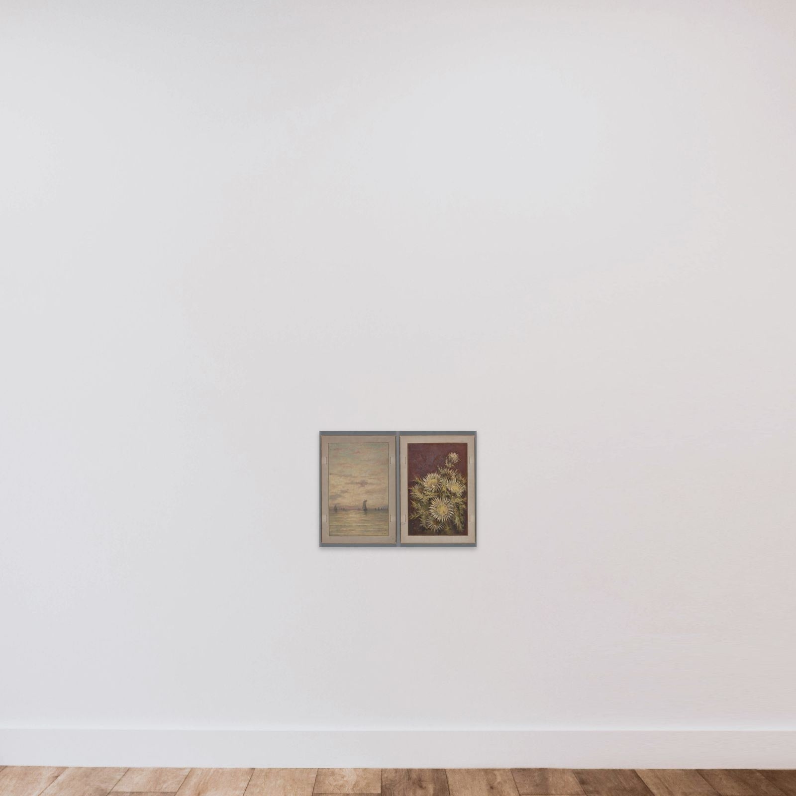 View of water with zeilschepen en stilleven with zilverdistel unframed — shown to scale