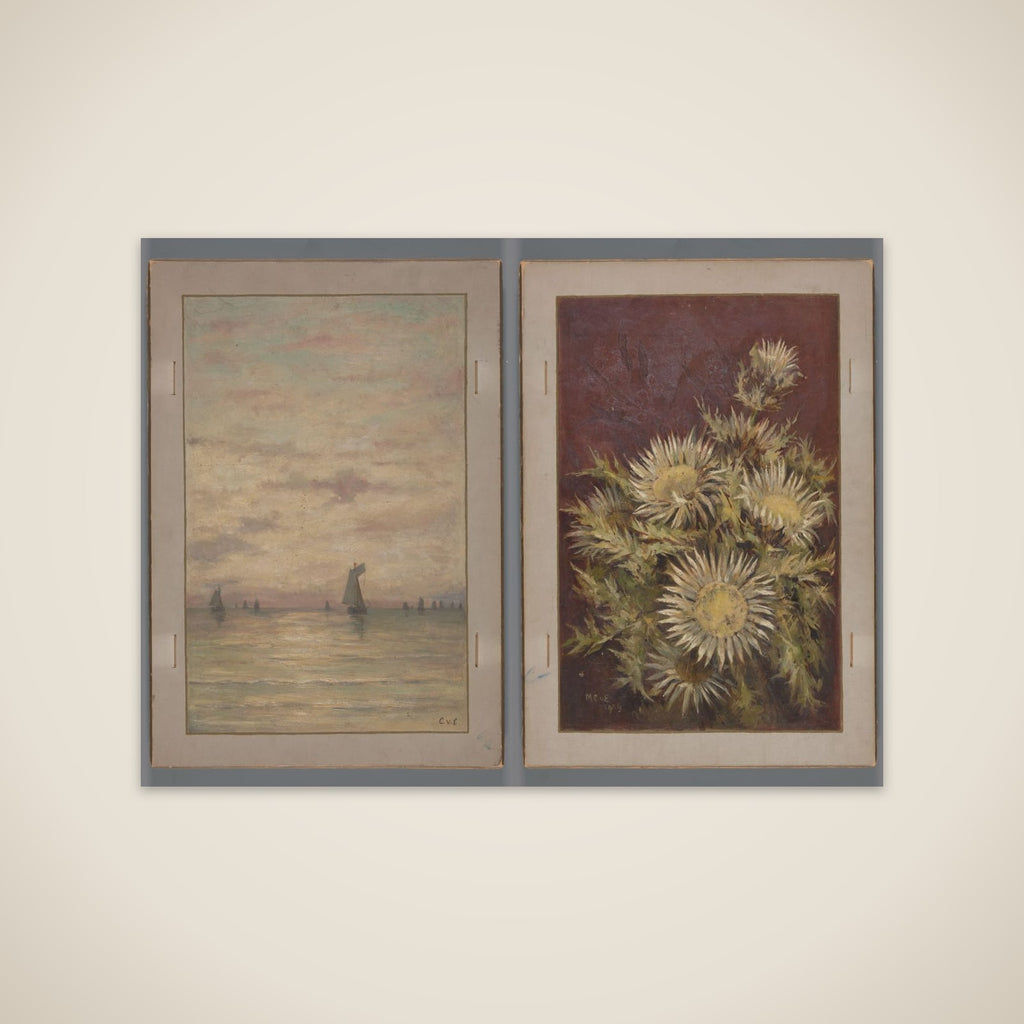 View of water with zeilschepen en stilleven with zilverdistel unframed print