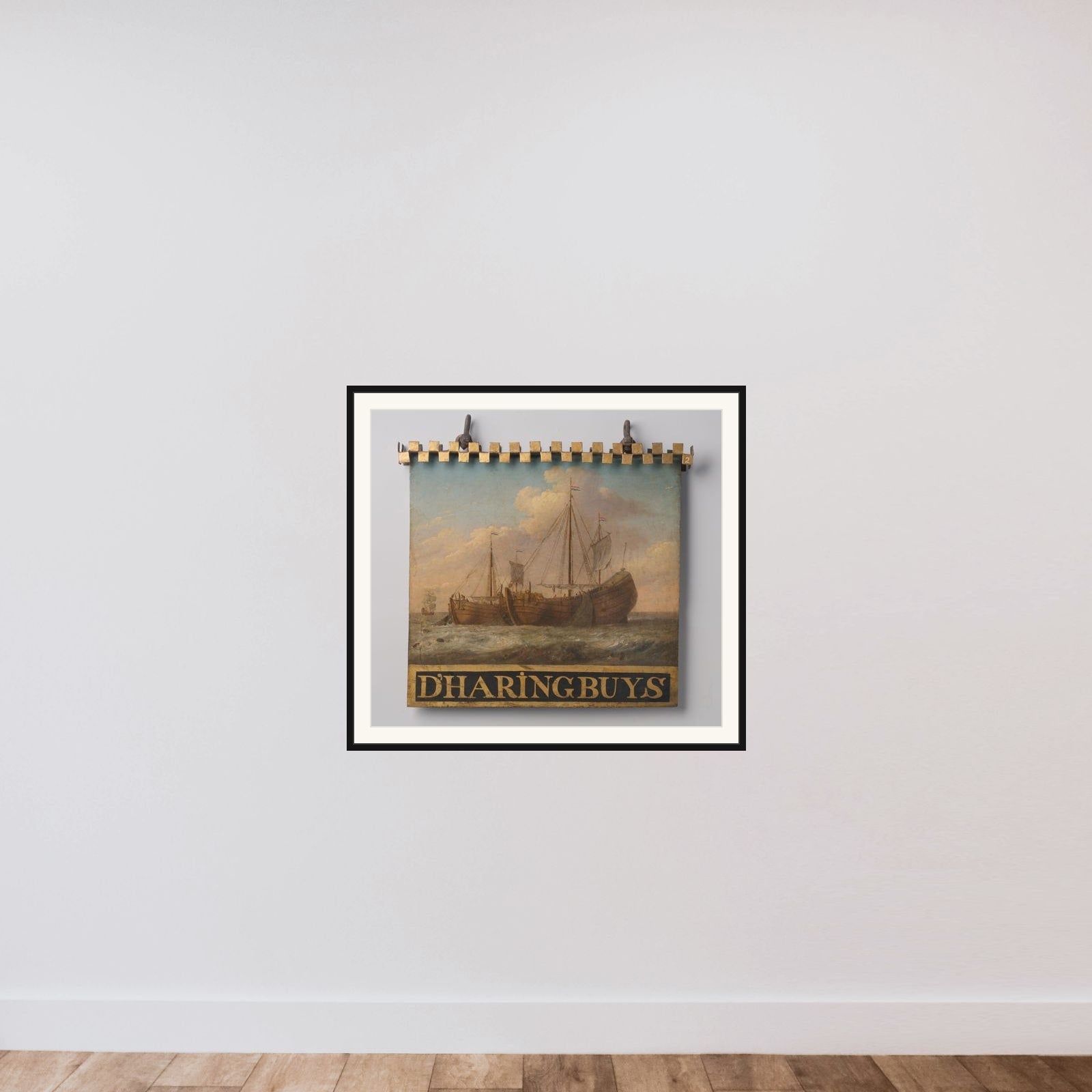Sign, both sides painted with Herring Boats framed — shown to scale