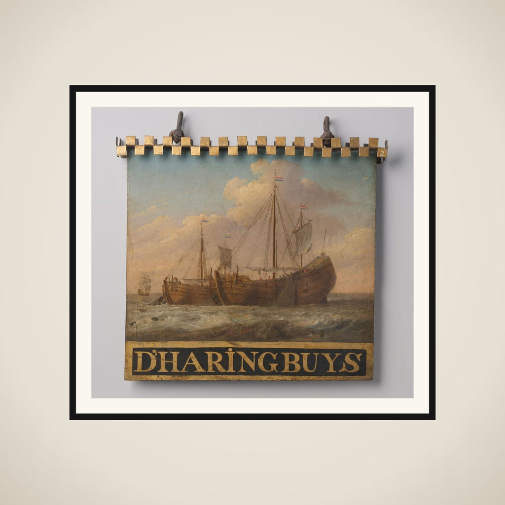 Sign, both sides painted with Herring Boats framed