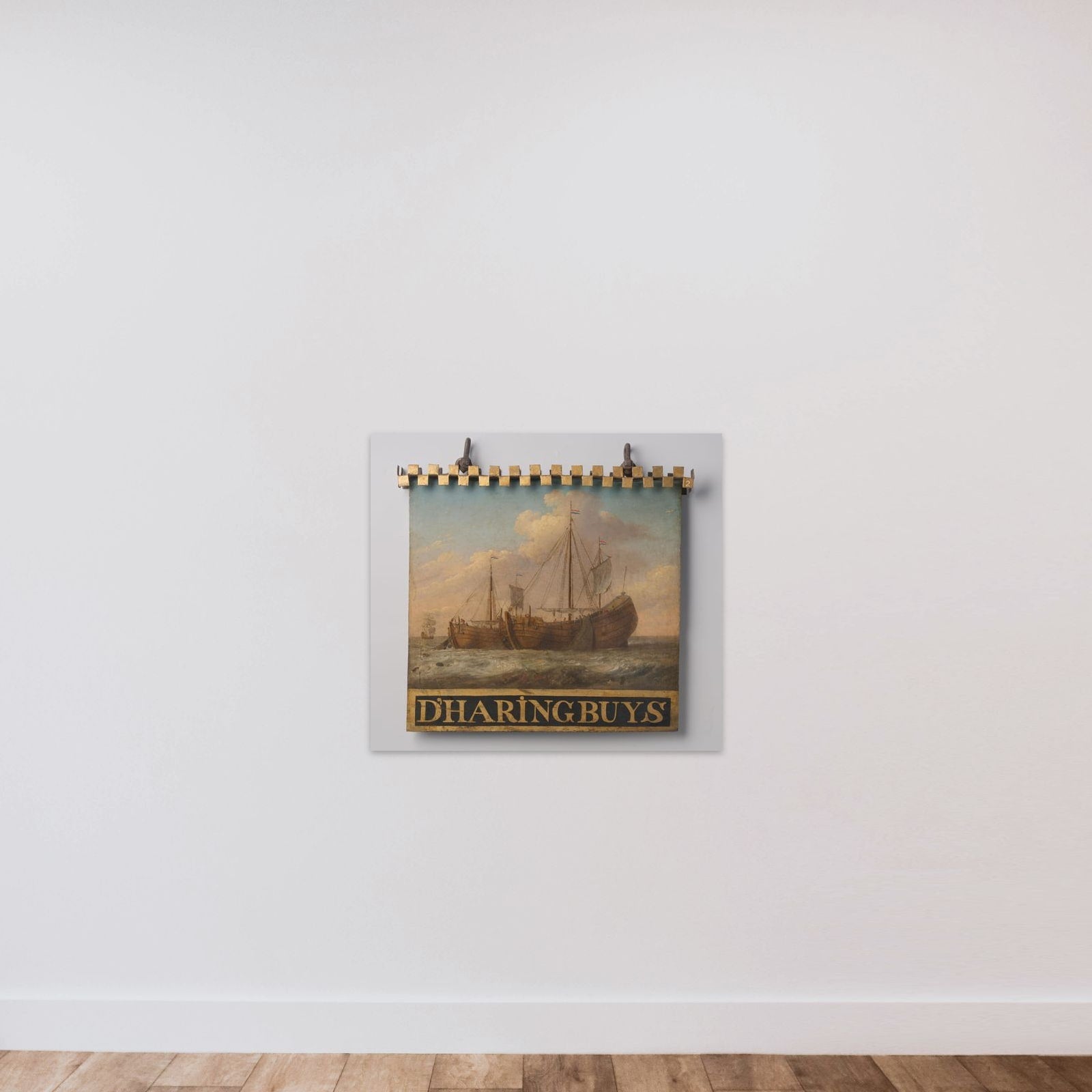 Sign, both sides painted with Herring Boats unframed — shown to scale