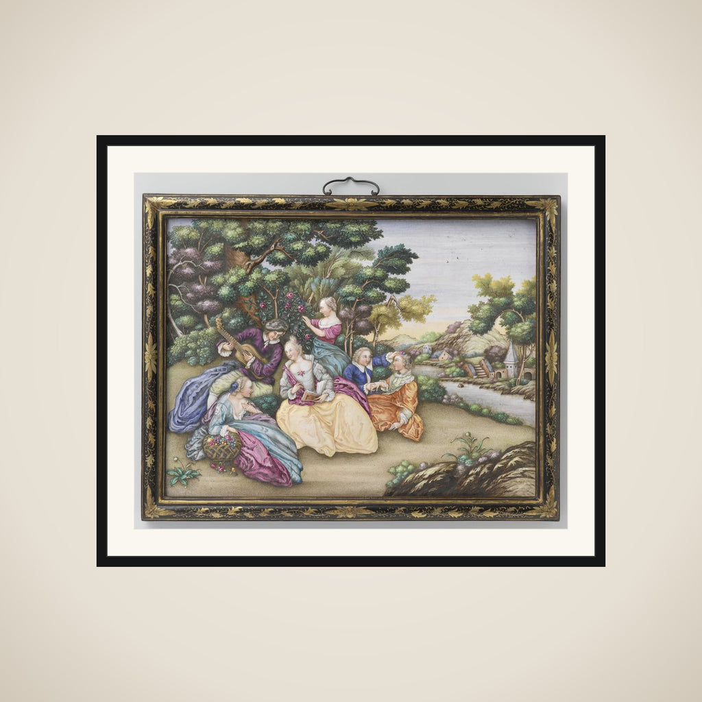 Two plaques depicting European fêtes champêtres framed