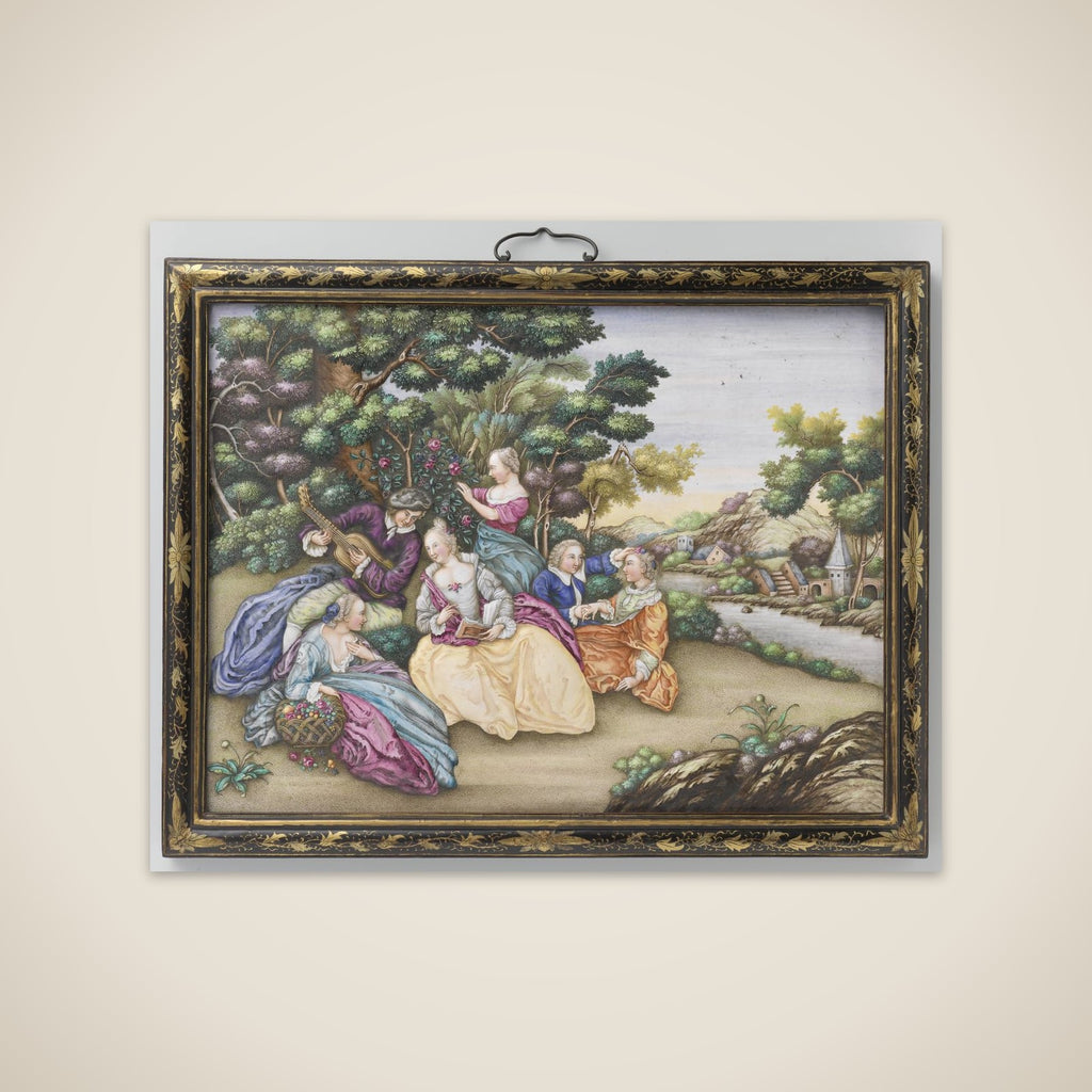 Two plaques depicting European fêtes champêtres unframed print