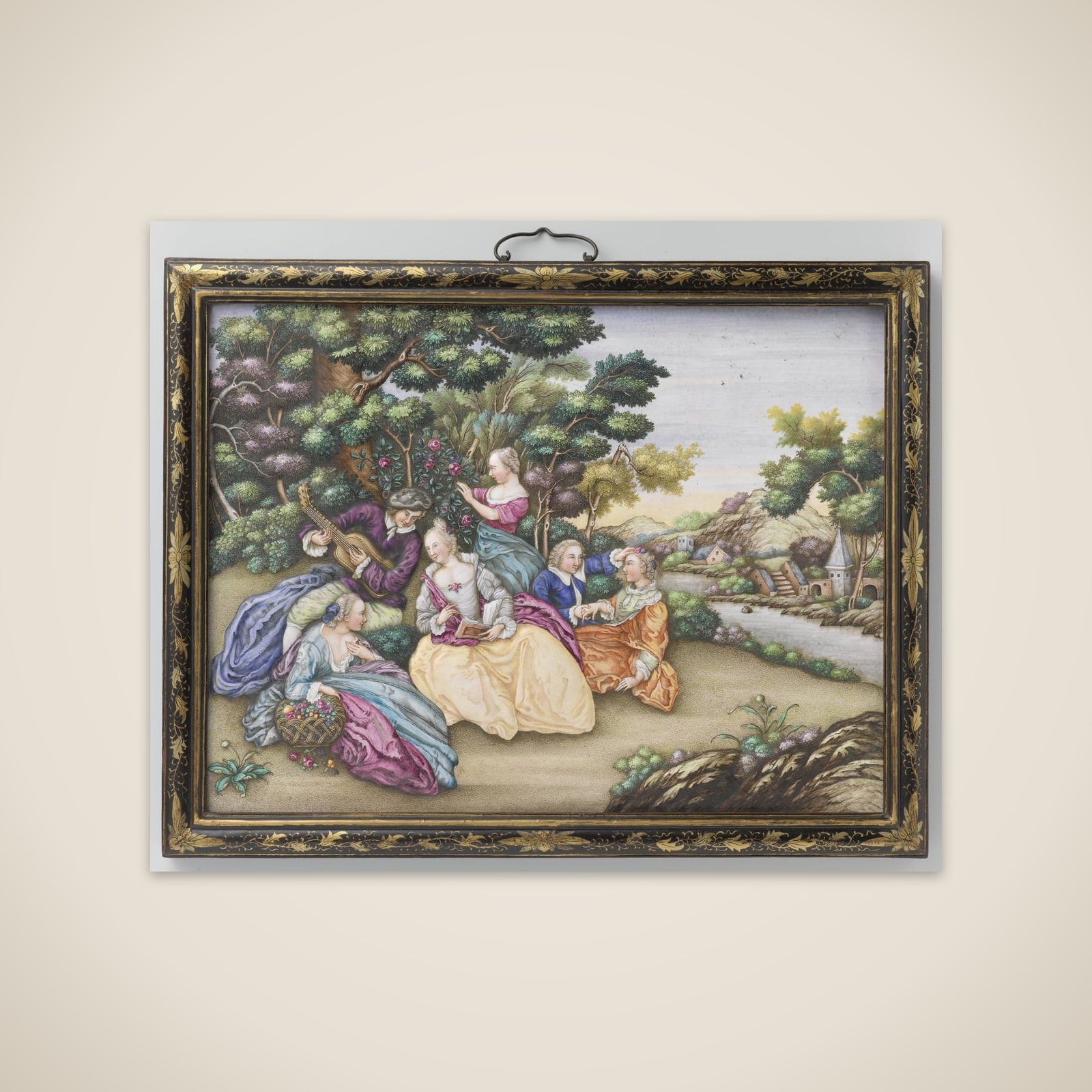 Two plaques depicting European fêtes champêtres unframed print