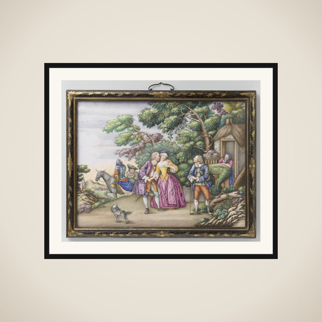 Two plaques depicting European fêtes champêtres framed