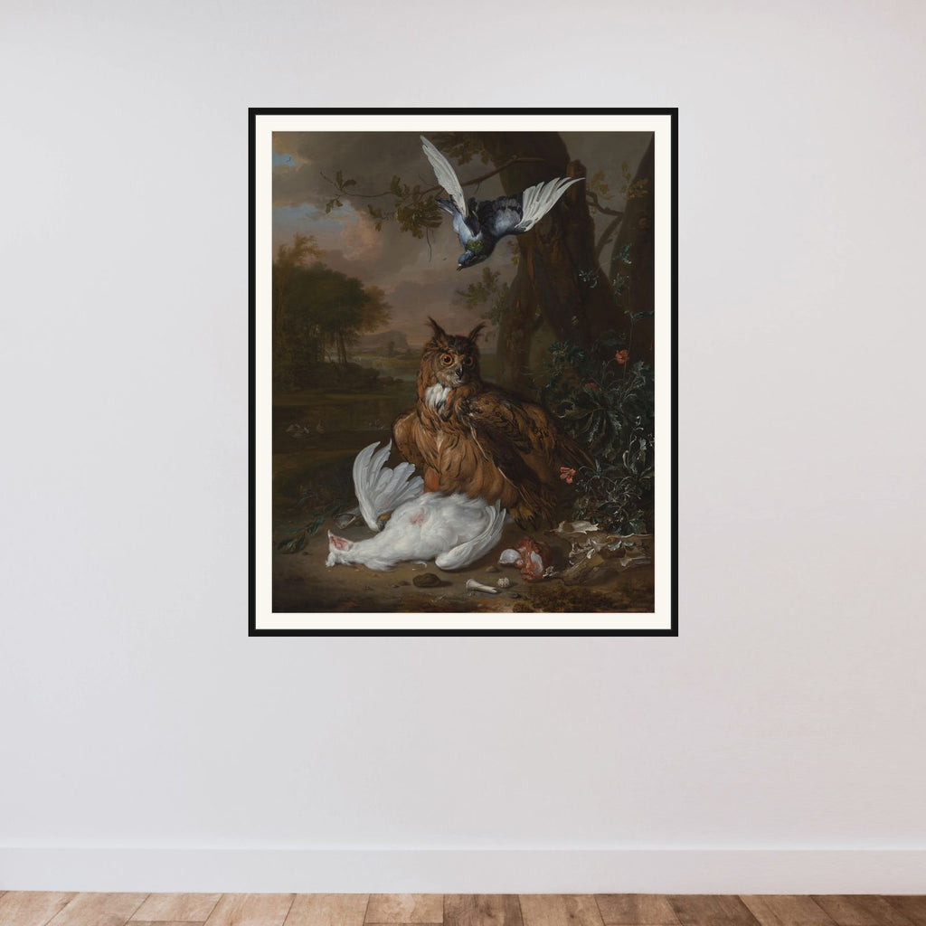 A Eurasian Eagle-Owl with Other Birds in a Landscape framed — shown to scale