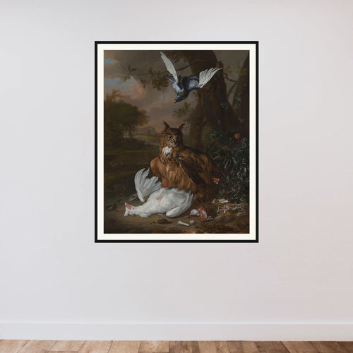 A Eurasian Eagle-Owl with Other Birds in a Landscape framed — shown to scale