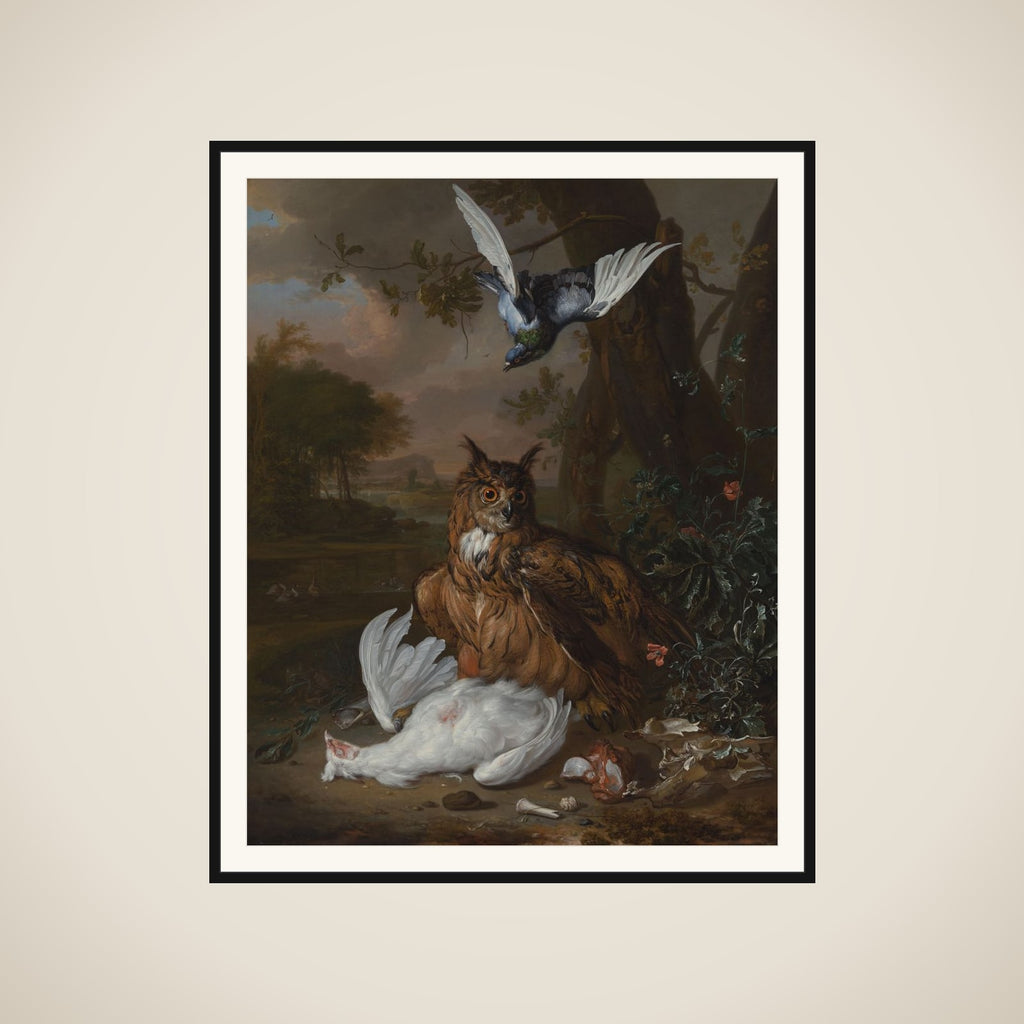 A Eurasian Eagle-Owl with Other Birds in a Landscape framed