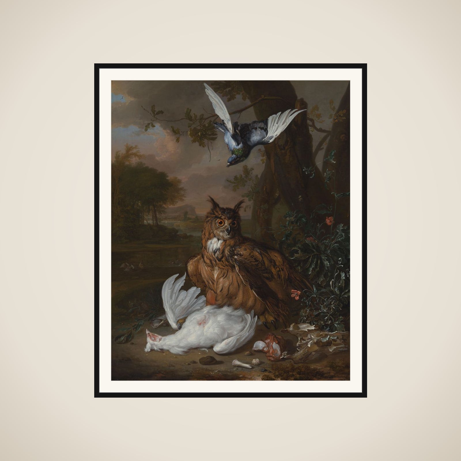 A Eurasian Eagle-Owl with Other Birds in a Landscape framed