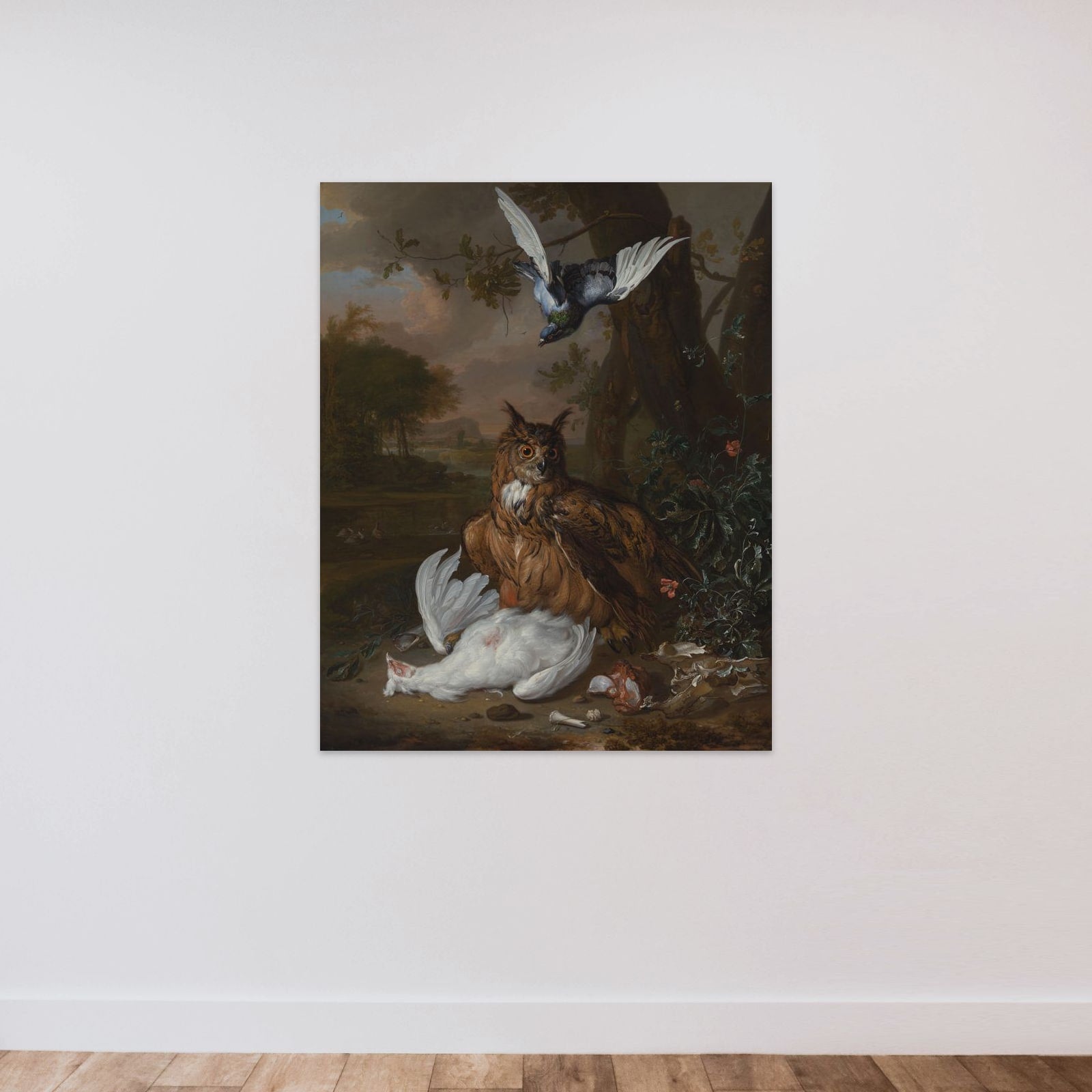 A Eurasian Eagle-Owl with Other Birds in a Landscape unframed — shown to scale