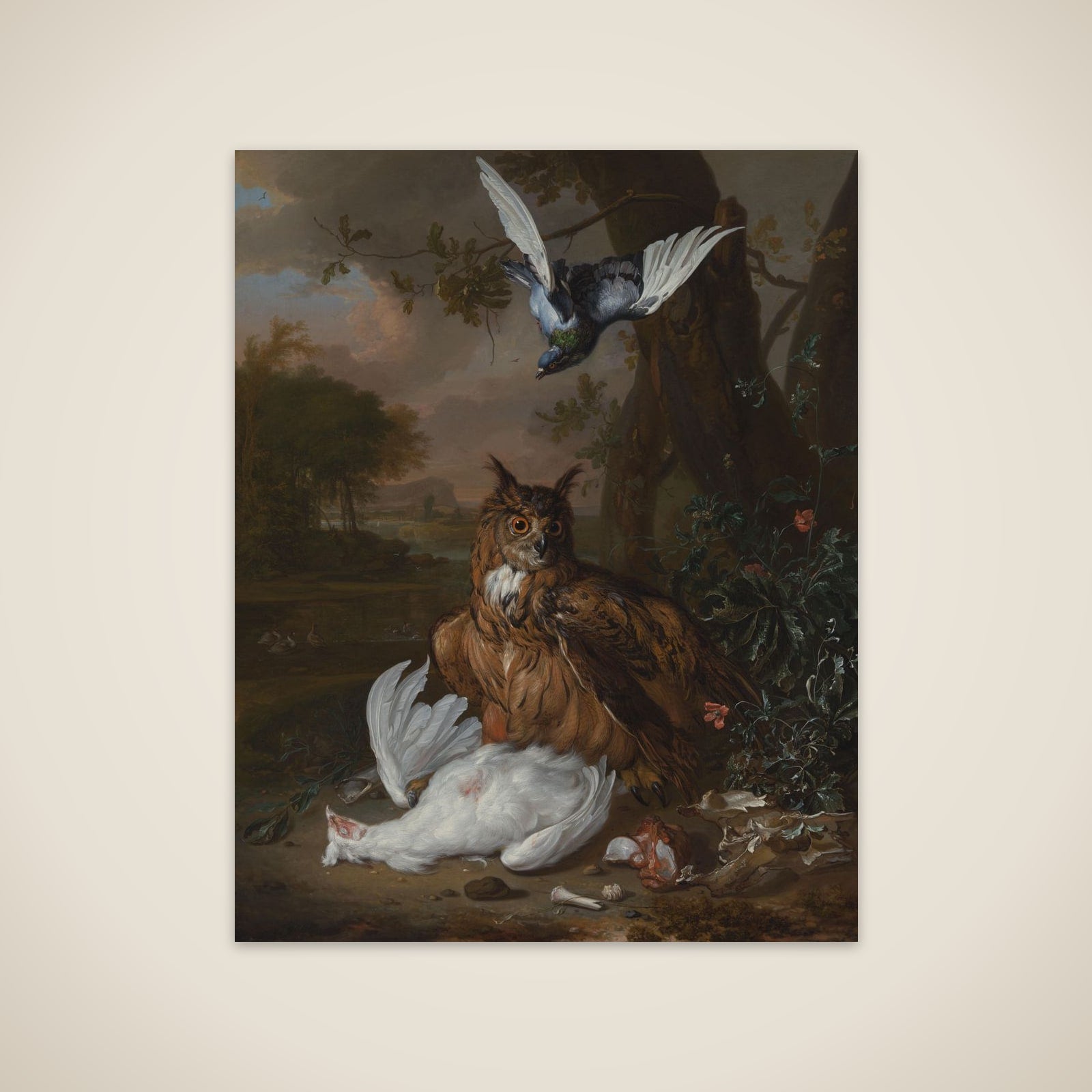A Eurasian Eagle-Owl with Other Birds in a Landscape unframed print