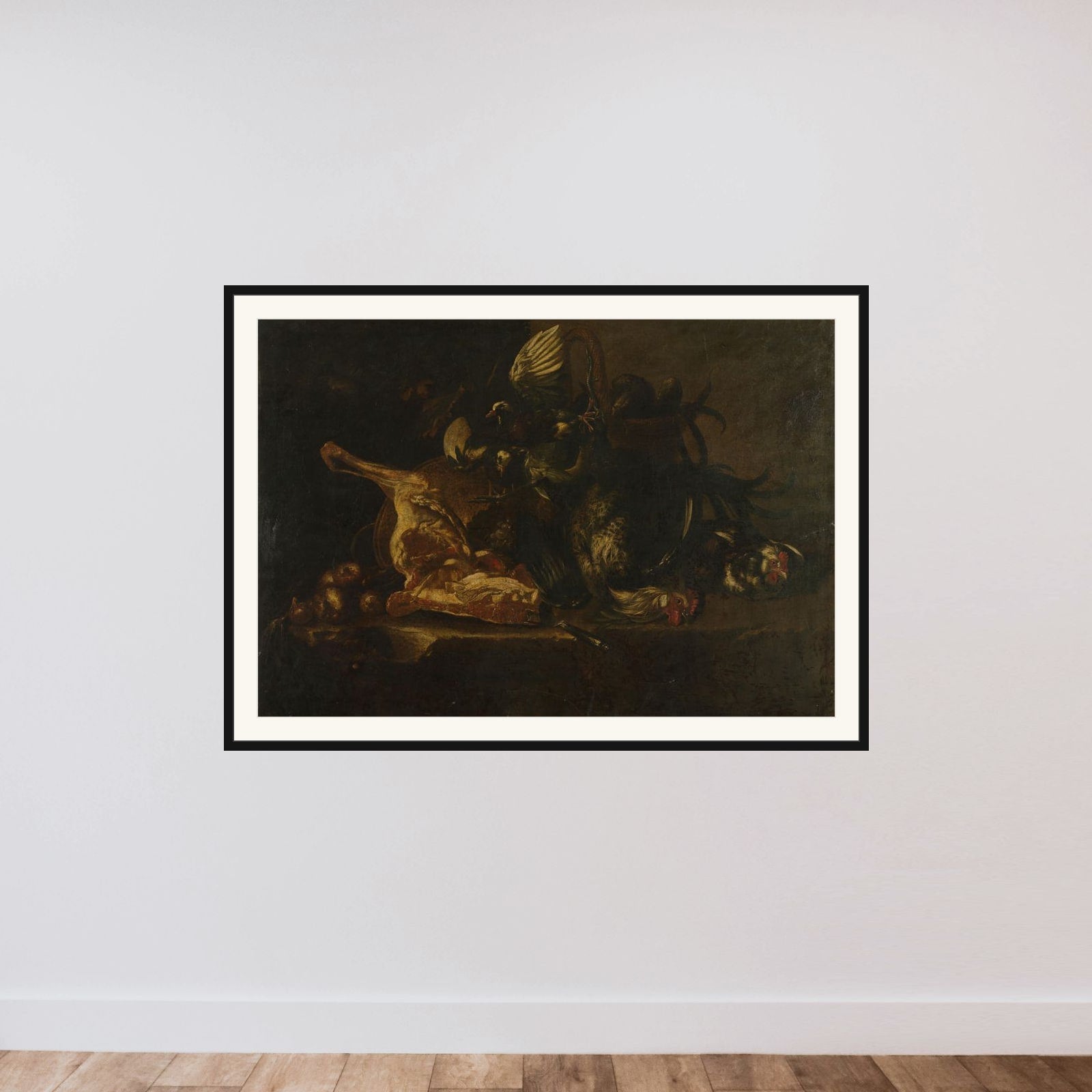 Still life with meat and dead birds framed — shown to scale