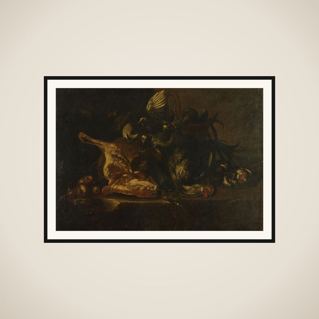 Still life with meat and dead birds framed
