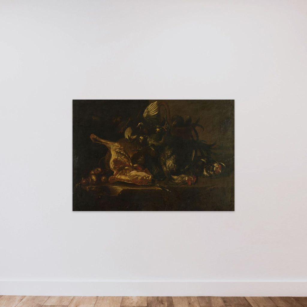 Still life with meat and dead birds unframed — shown to scale