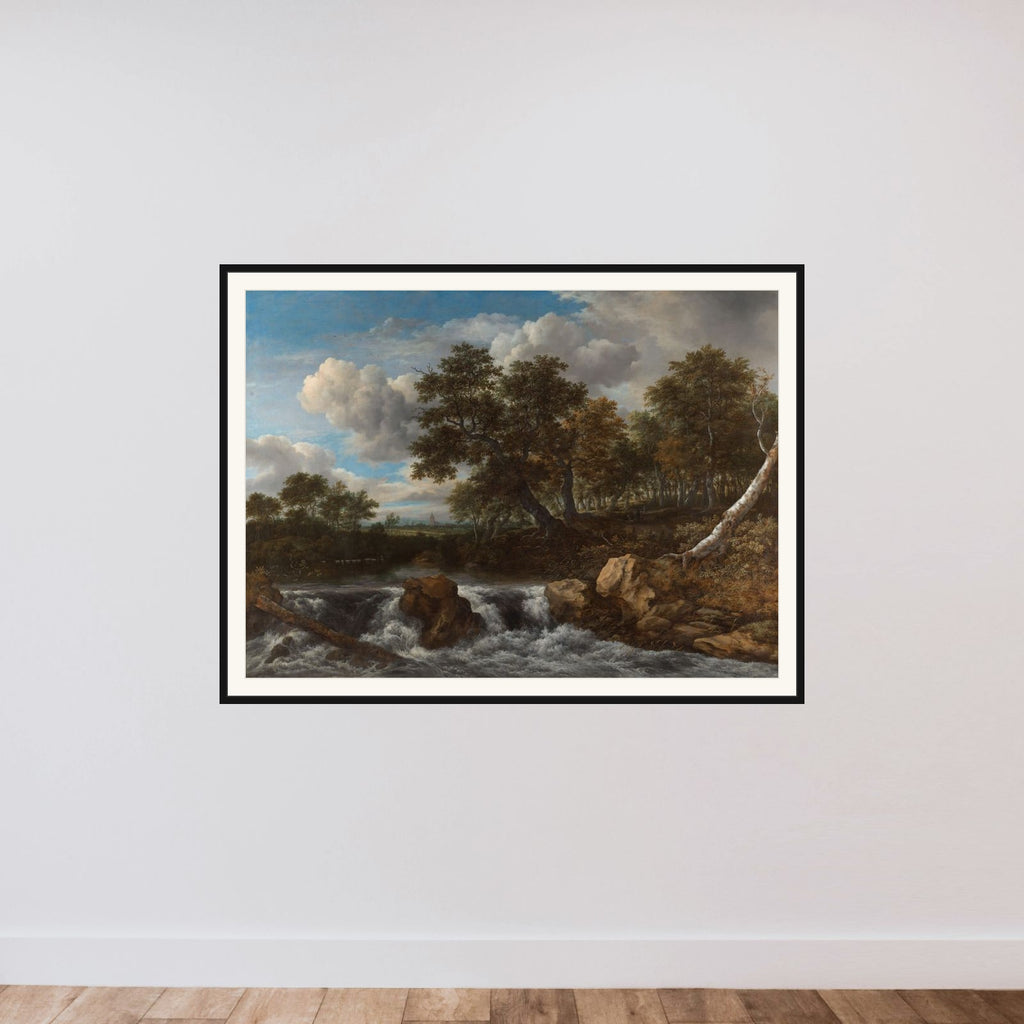 Landscape with waterfall framed — shown to scale