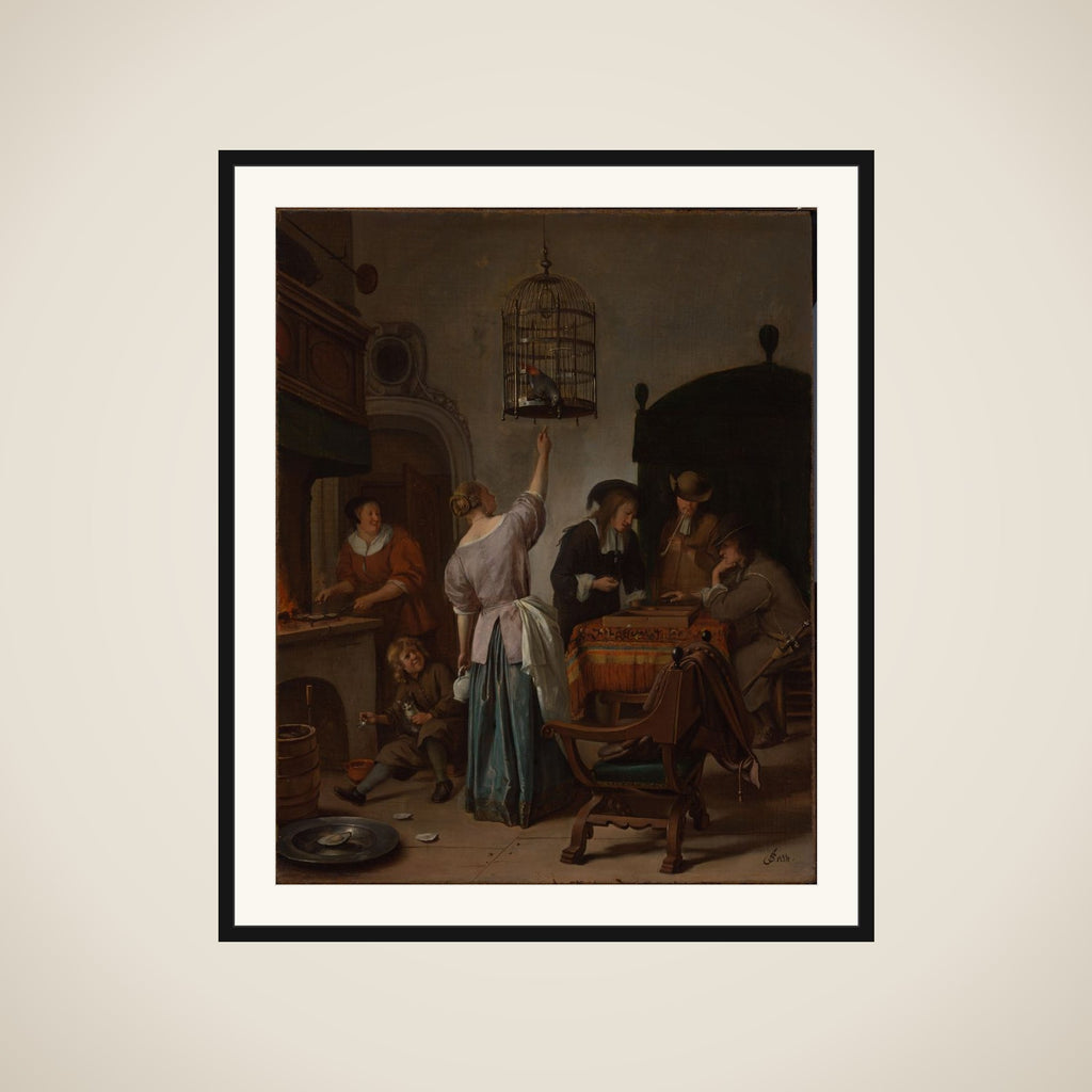 Interior with a woman feeding a parrot, two men playing backgammon and other figures, known as 'The parrot cage' framed