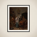 Interior with a woman feeding a parrot, two men playing backgammon and other figures, known as 'The parrot cage' framed
