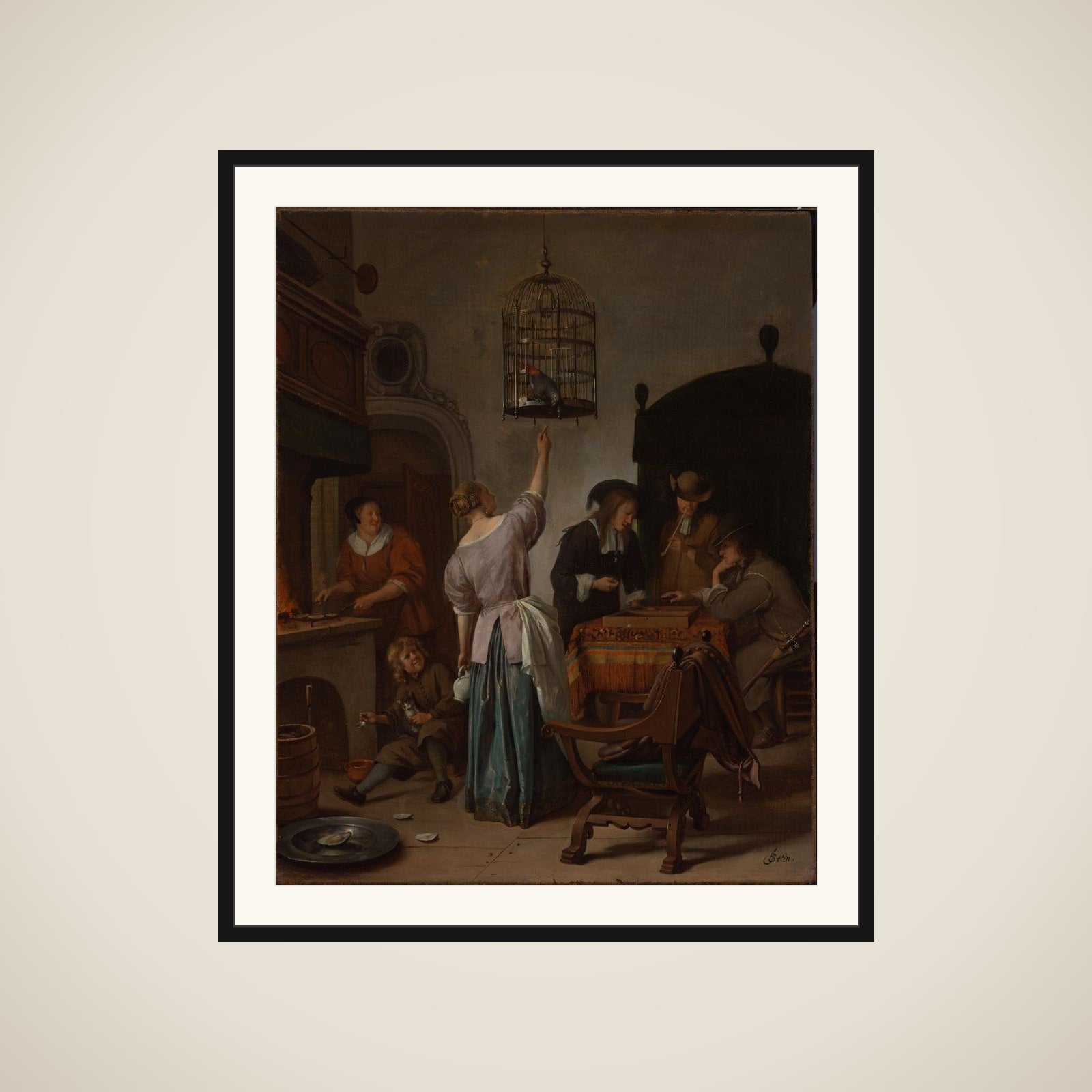 Interior with a woman feeding a parrot, two men playing backgammon and other figures, known as 'The parrot cage' framed