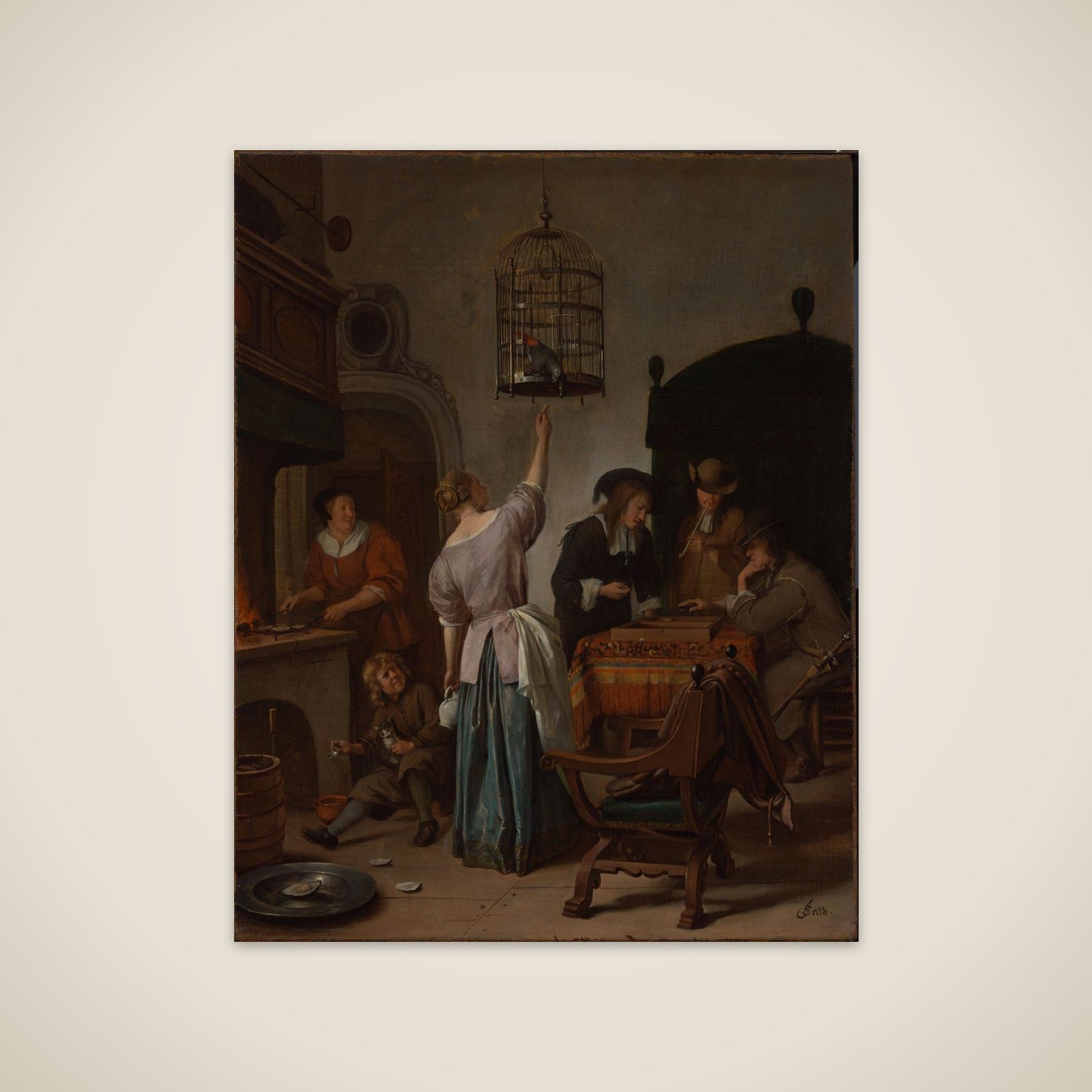 Interior with a woman feeding a parrot, two men playing backgammon and other figures, known as 'The parrot cage' unframed print