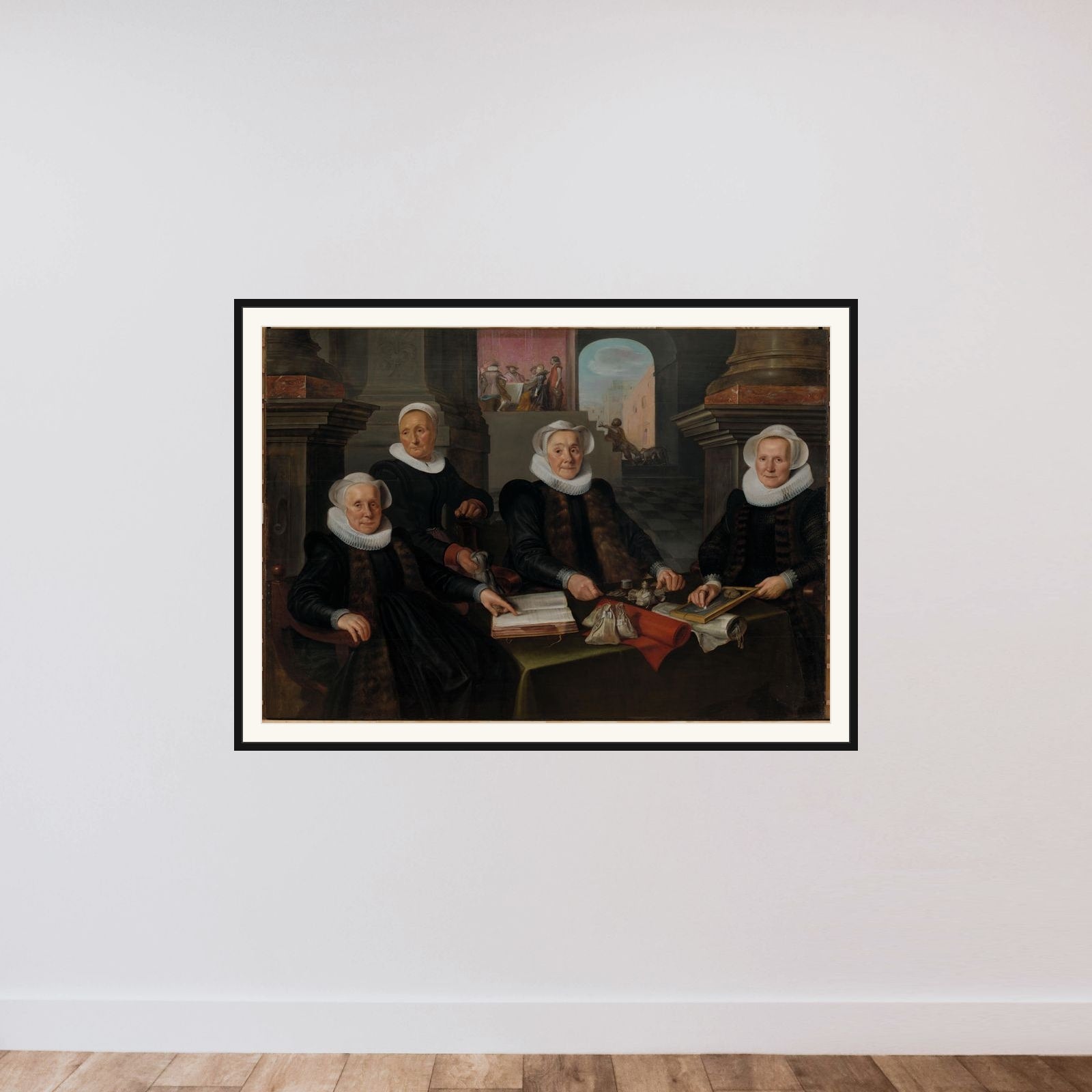 Three Regentesses and the ‘House Mother’ of the Amsterdam Lepers’ Asylum framed — shown to scale