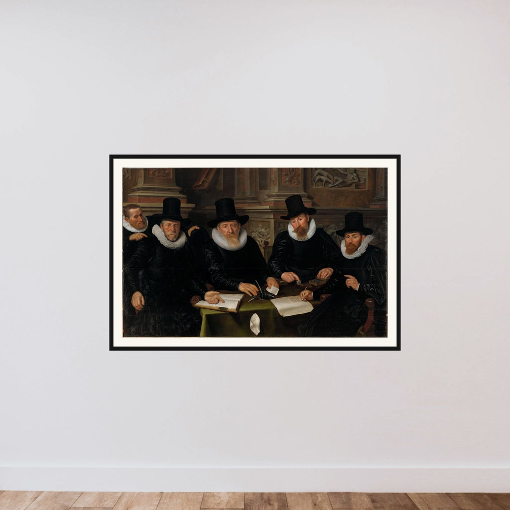Four Regents and the ‘House Father’ of the Amsterdam Lepers’ Asylum framed — shown to scale