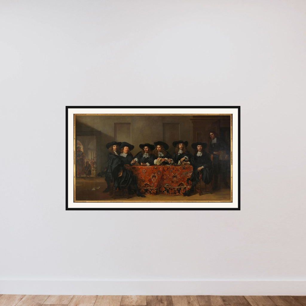 Six Regents and the Housemaster of the Oudezijds Institute for the Outdoor Relief of the Poor, Amsterdam, 1675 framed — shown to scale