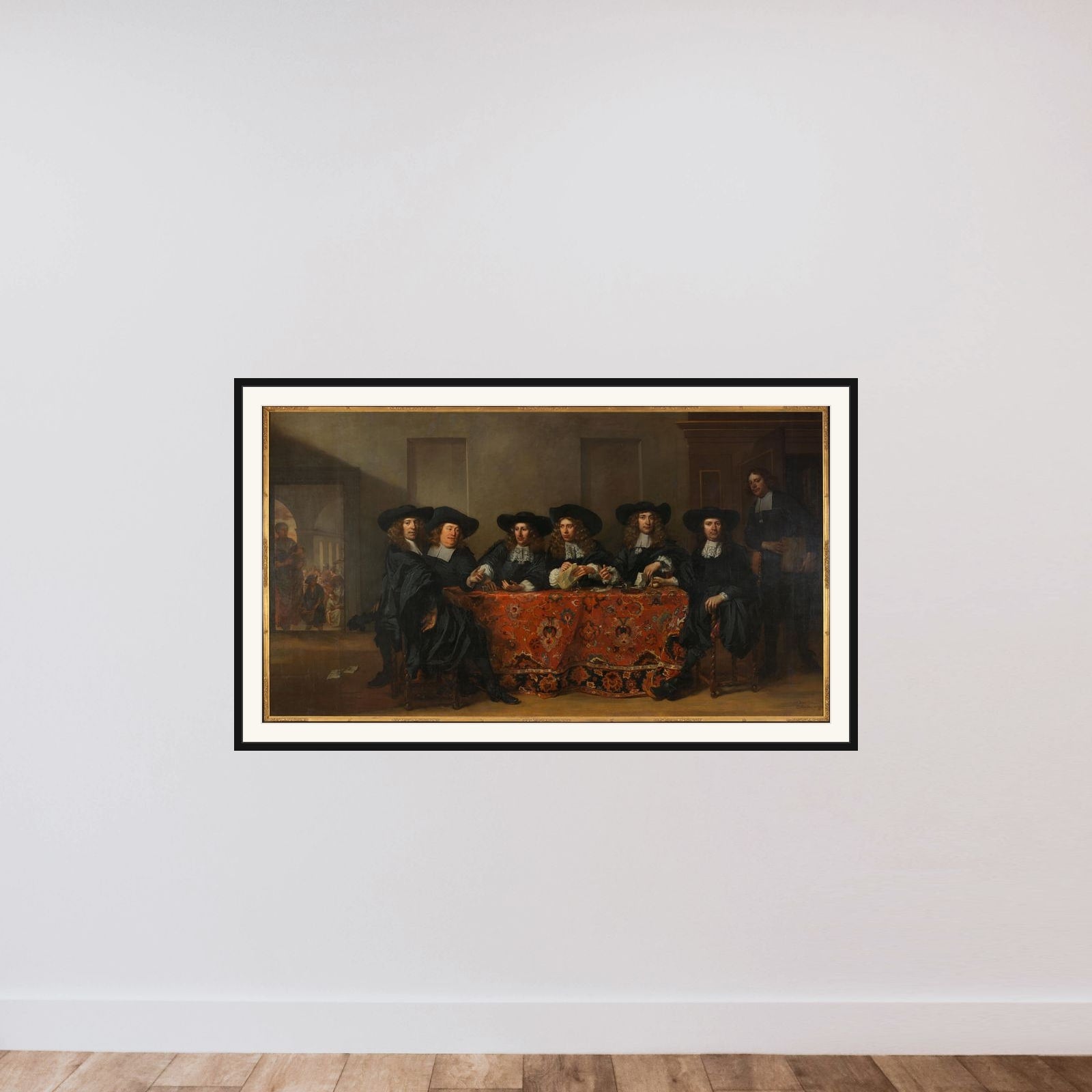 Six Regents and the Housemaster of the Oudezijds Institute for the Outdoor Relief of the Poor, Amsterdam, 1675 framed — shown to scale