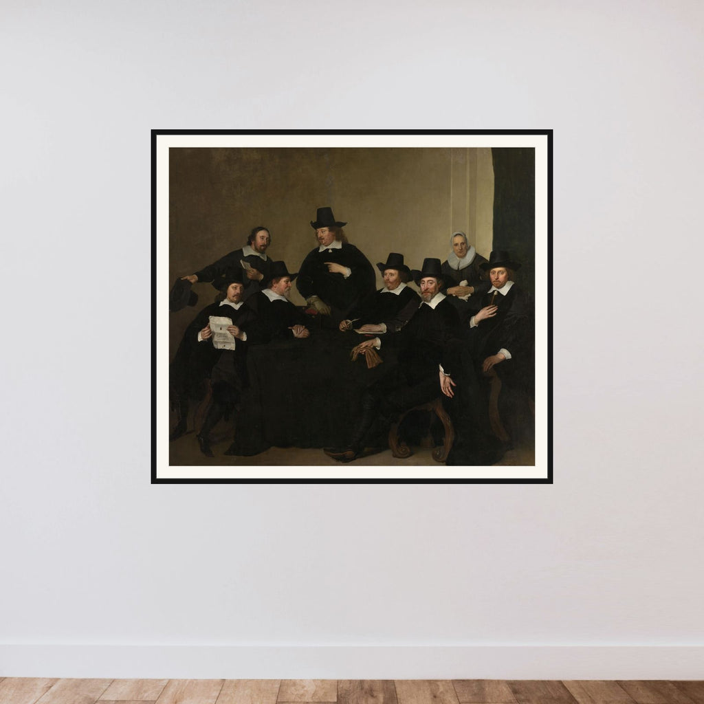 Portrait of the Regents of the Nieuwezijds Institute for the Outdoor Relief of the Poor, Amsterdam, c. 1650 framed — shown to scale