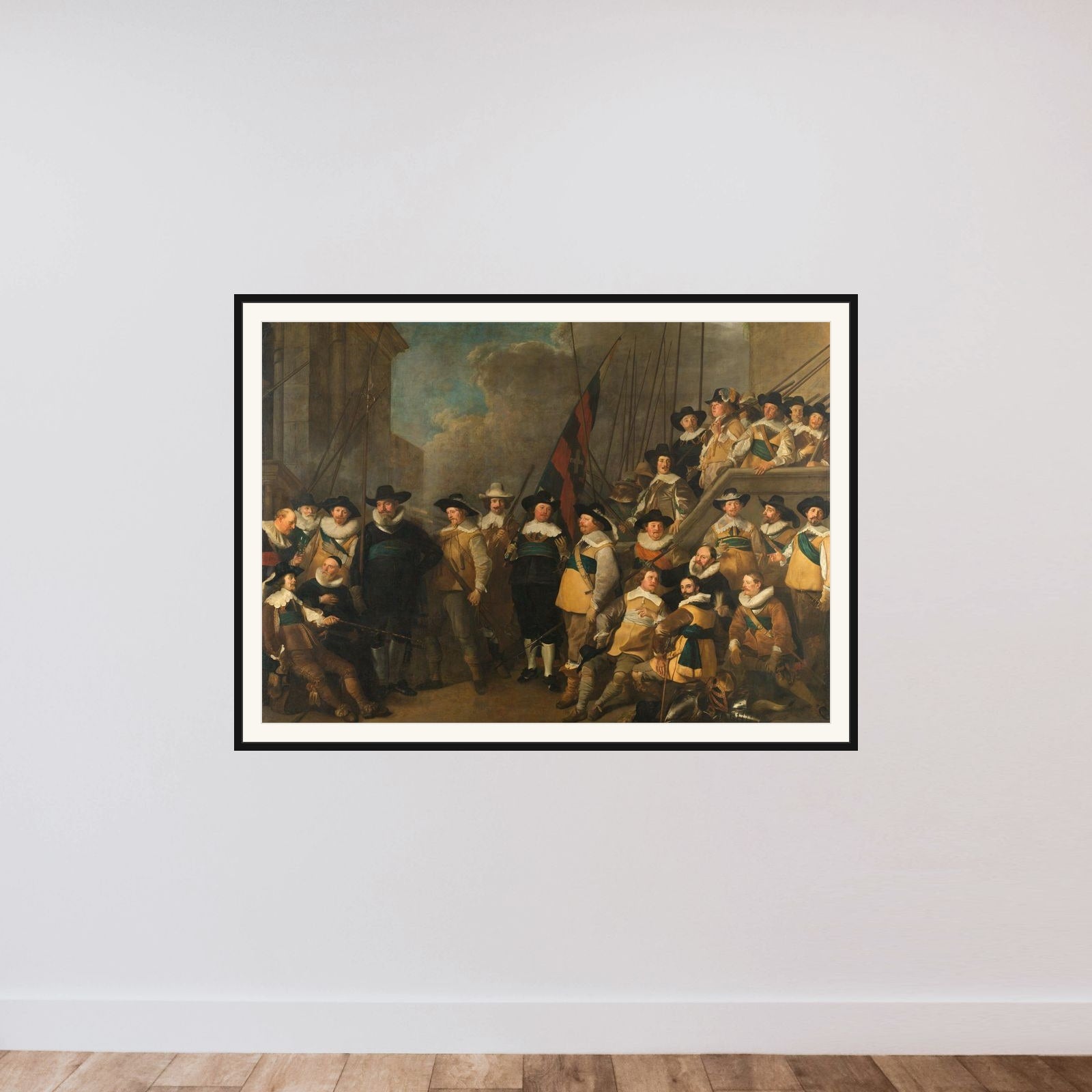 Officers and other Civic Guardsmen of the V District in Amsterdam under the command of Captain Cornelis de Graeff and Lieutenant Hendrick Lauwrensz framed — shown to scale