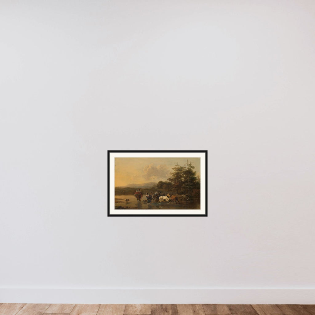 A Herd of Cattle crossing a Ford framed — shown to scale