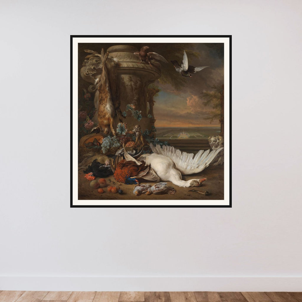 Hunting and Fruit Still Life next to a Garden Vase, with a Monkey, Dog and two Doves, in the distance Rijksdorp near Wassenaar, Seat of Jacob Emmery, Baron of Wassenaar framed — shown to scale