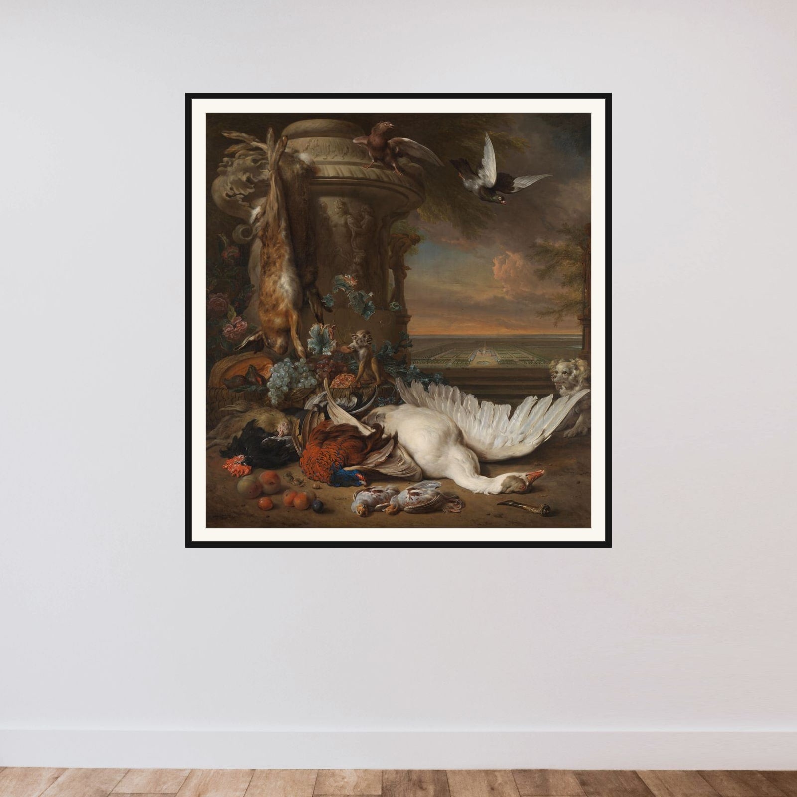 Hunting and Fruit Still Life next to a Garden Vase, with a Monkey, Dog and two Doves, in the distance Rijksdorp near Wassenaar, Seat of Jacob Emmery, Baron of Wassenaar framed — shown to scale