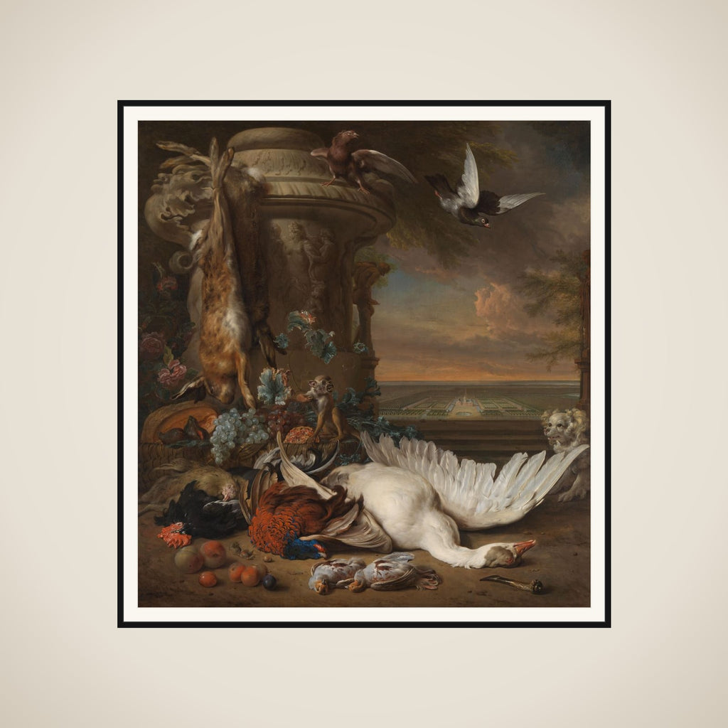 Hunting and Fruit Still Life next to a Garden Vase, with a Monkey, Dog and two Doves, in the distance Rijksdorp near Wassenaar, Seat of Jacob Emmery, Baron of Wassenaar framed