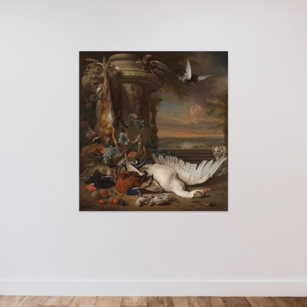 Hunting and Fruit Still Life next to a Garden Vase, with a Monkey, Dog and two Doves, in the distance Rijksdorp near Wassenaar, Seat of Jacob Emmery, Baron of Wassenaar unframed — shown to scale