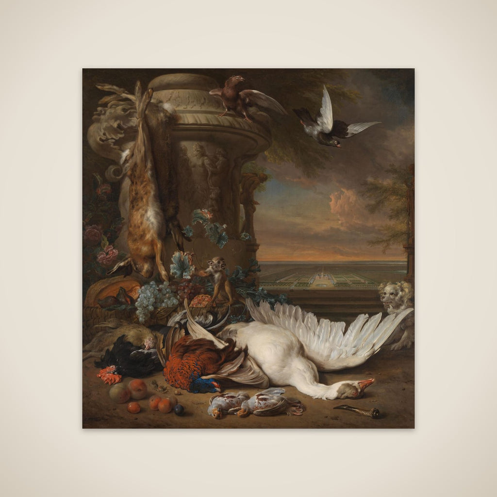Hunting and Fruit Still Life next to a Garden Vase, with a Monkey, Dog and two Doves, in the distance Rijksdorp near Wassenaar, Seat of Jacob Emmery, Baron of Wassenaar unframed print